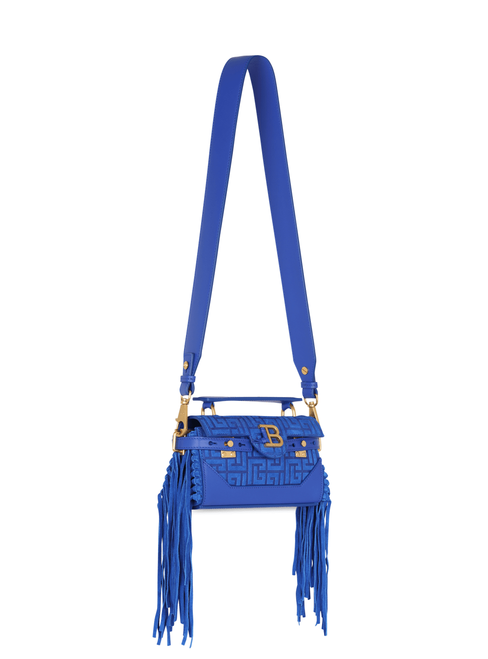 Women's Balmain B-Buzz 19 Fringed With Suede Embossed Monogram Handbag Blue | USA QO3742hJ