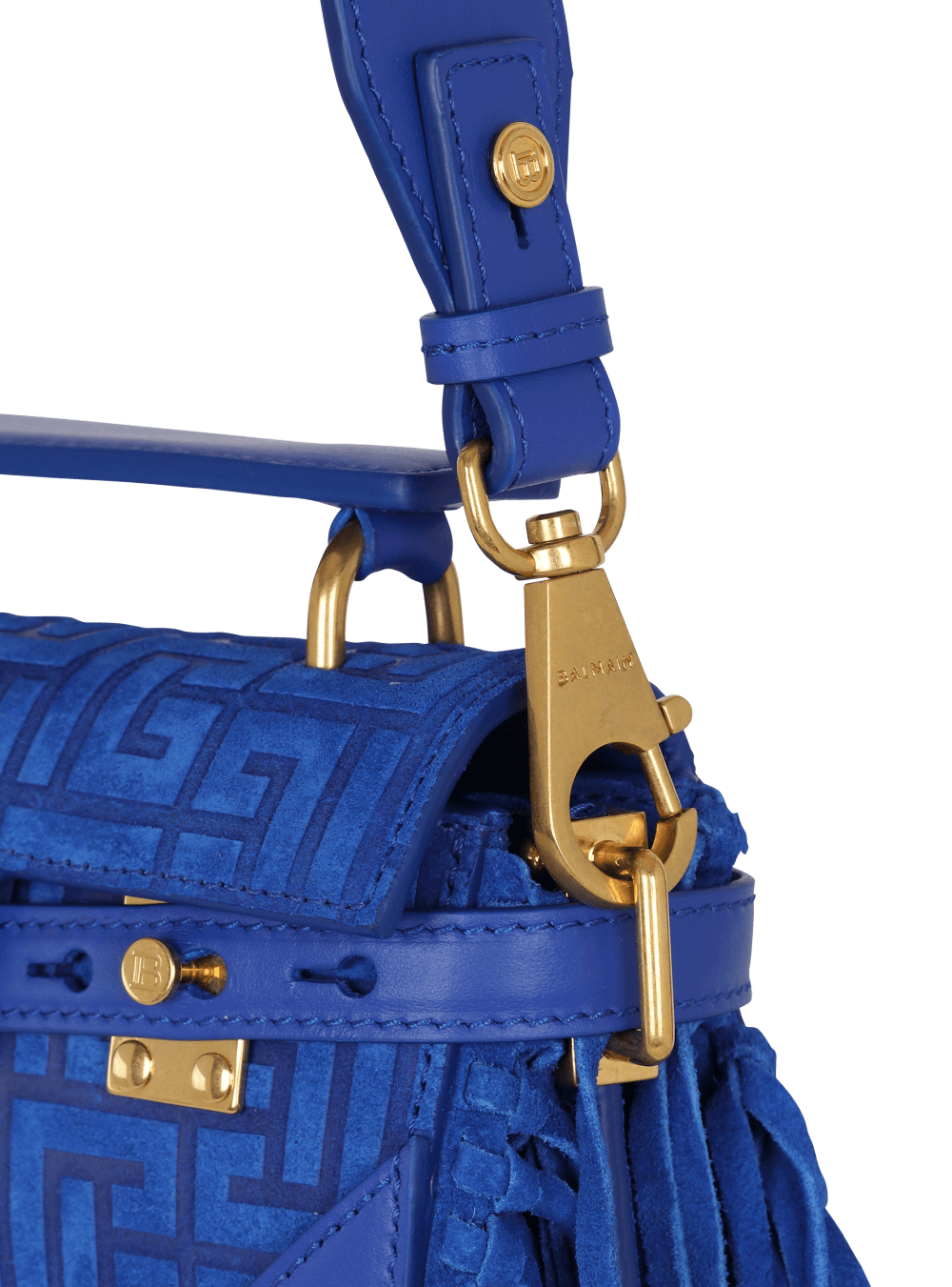 Women's Balmain B-Buzz 19 Fringed With Suede Embossed Monogram Handbag Blue | USA QO3742hJ