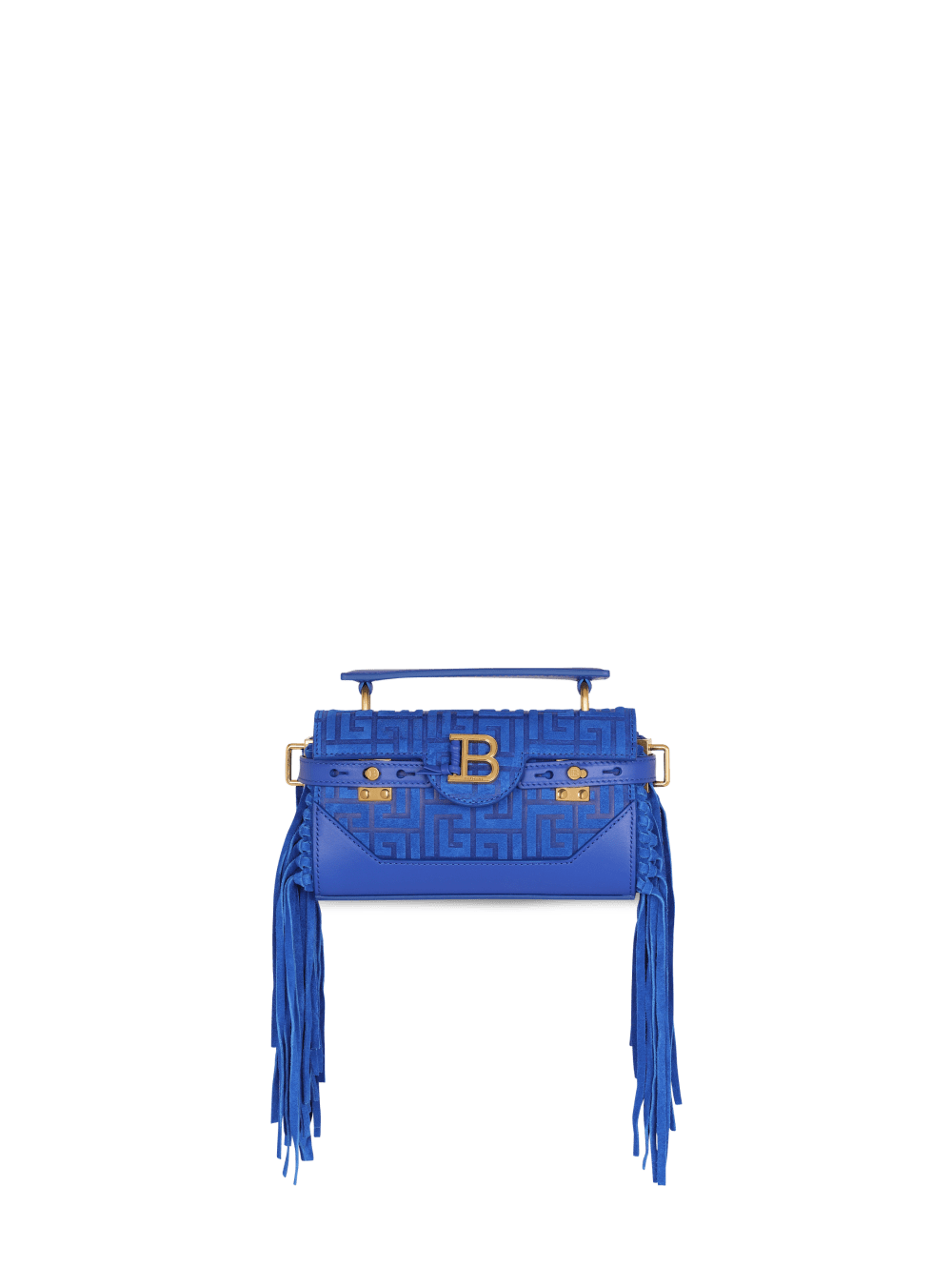 Women\'s Balmain B-Buzz 19 Fringed With Suede Embossed Monogram Handbag Blue | USA QO3742hJ