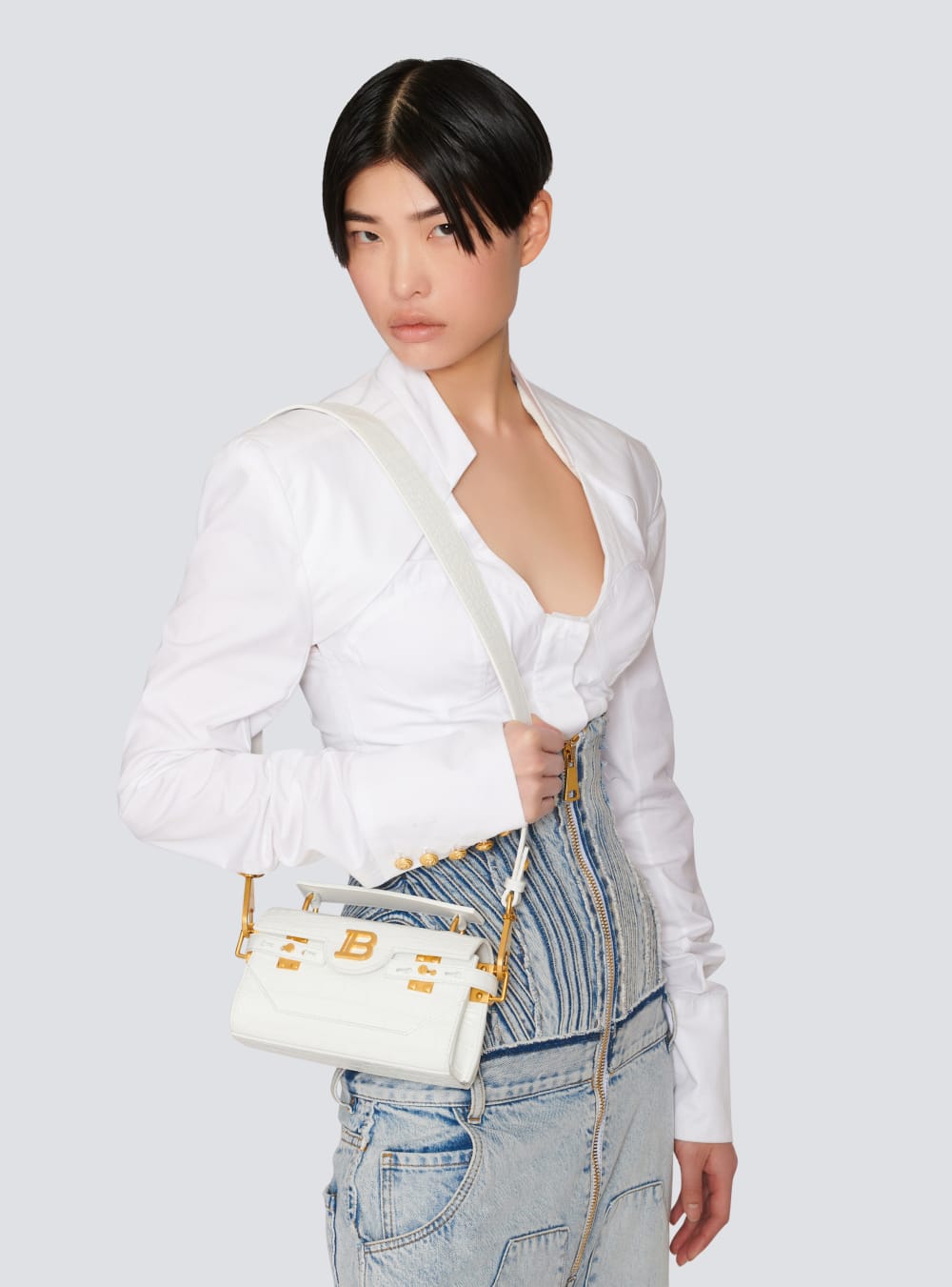 Women's Balmain B-Buzz 19 In Crocodile Effect-embossed Leather Handbag White | USA gyoH1oAi