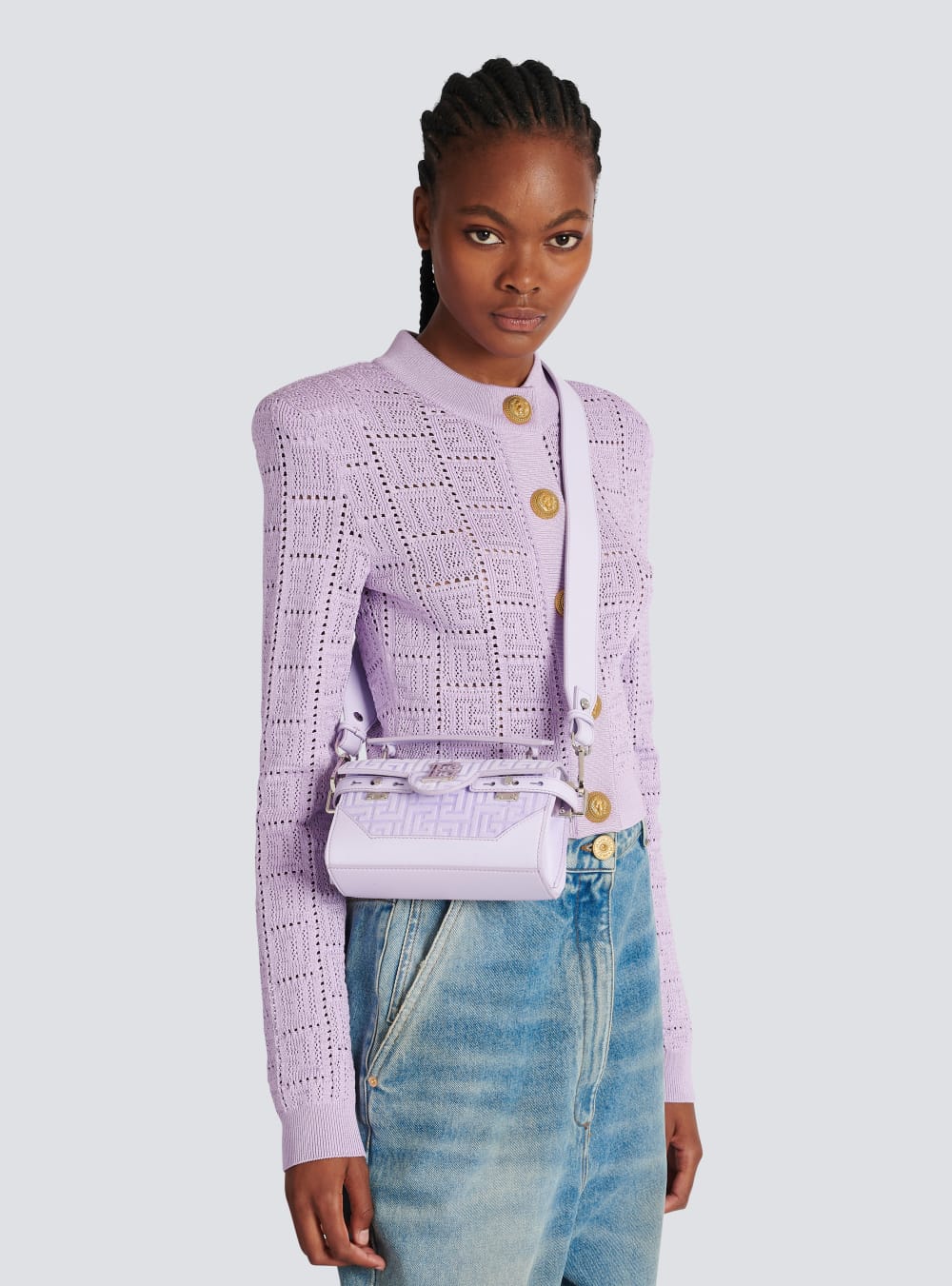 Women's Balmain B-Buzz 19 In Monogram-embossed Leather Crossbody Bags Purple | USA vwFROVES