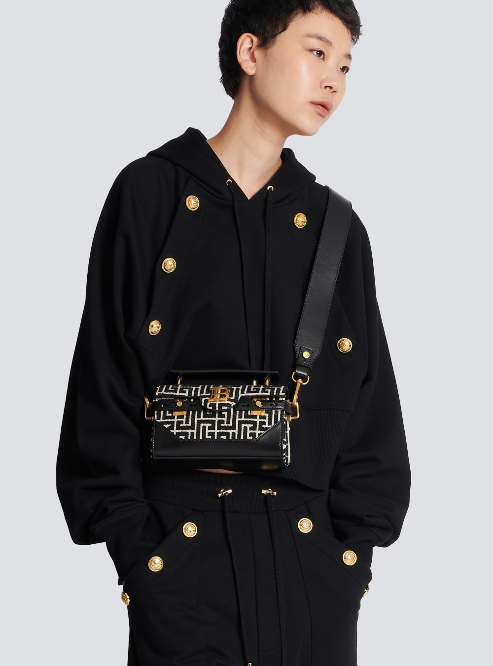 Women's Balmain B-Buzz 19 Leather With Jacquard Monogram Crossbody Bags Black | USA ZaATulK9