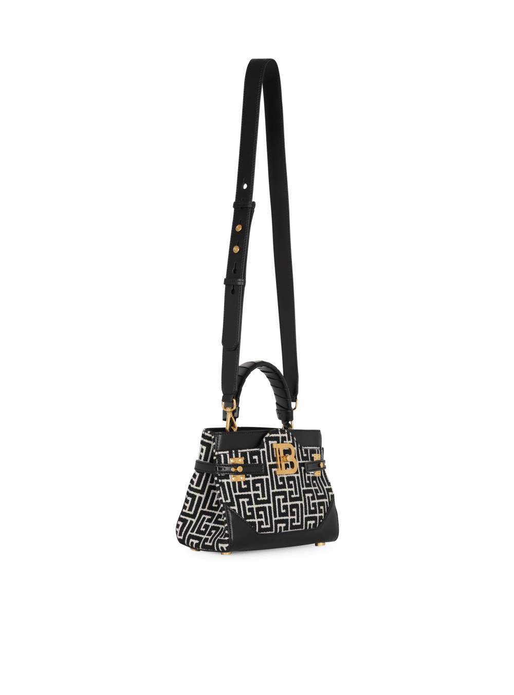 Women's Balmain B-Buzz 22 Handle In Leather With Jacquard Monogram Handbag Black | USA ivFczn3U