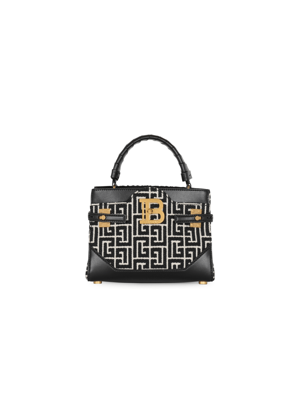 Women\'s Balmain B-Buzz 22 Handle In Leather With Jacquard Monogram Handbag Black | USA ivFczn3U