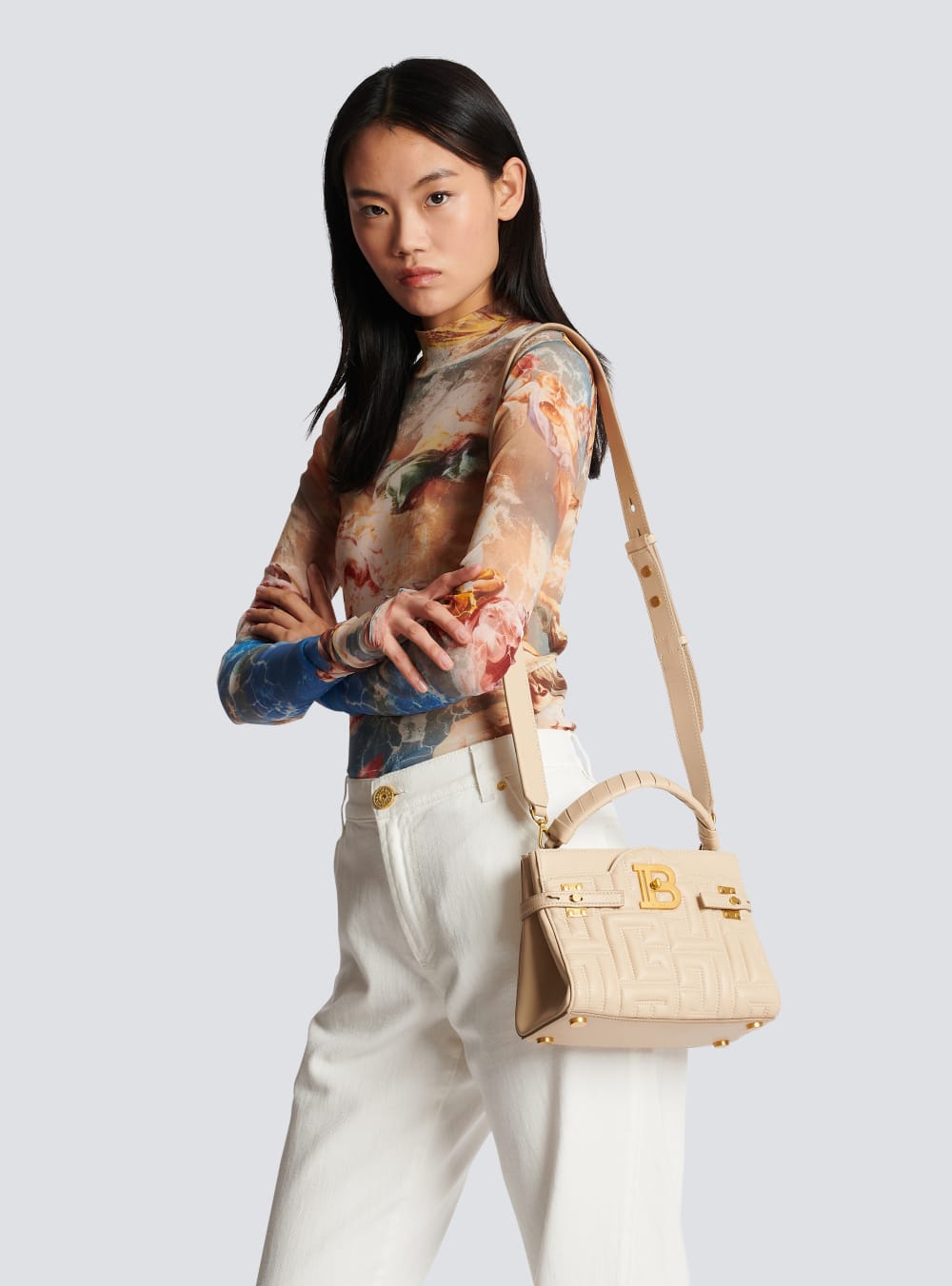 Women's Balmain B-Buzz 22 In Monogram Quilted Leather Handbag Beige | USA zydIqUks