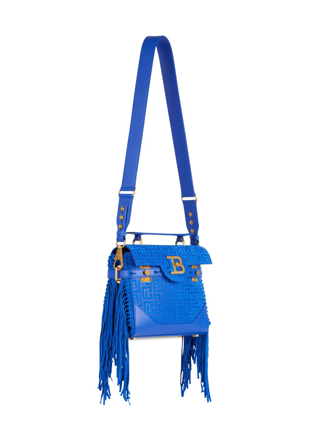 Women's Balmain B-Buzz 23 Fringed With Suede Embossed Monogram Handbag Blue | USA ERkTaTyl