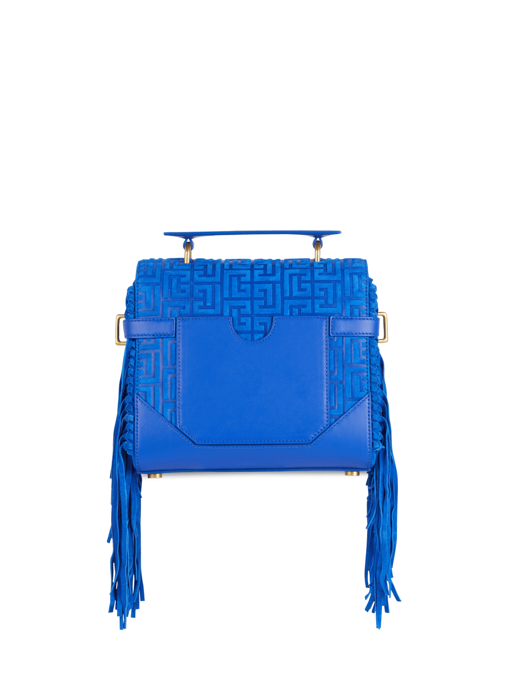 Women's Balmain B-Buzz 23 Fringed With Suede Embossed Monogram Handbag Blue | USA ERkTaTyl