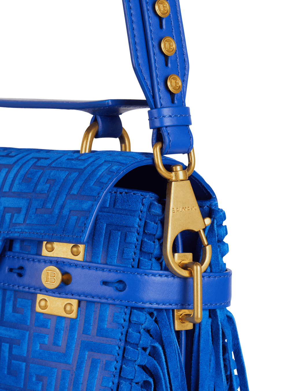 Women's Balmain B-Buzz 23 Fringed With Suede Embossed Monogram Handbag Blue | USA ERkTaTyl