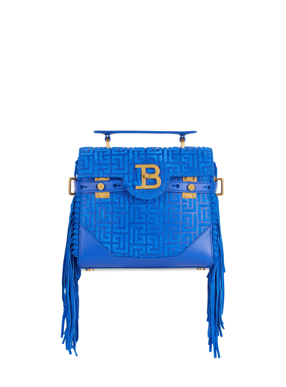 Women\'s Balmain B-Buzz 23 Fringed With Suede Embossed Monogram Handbag Blue | USA ERkTaTyl