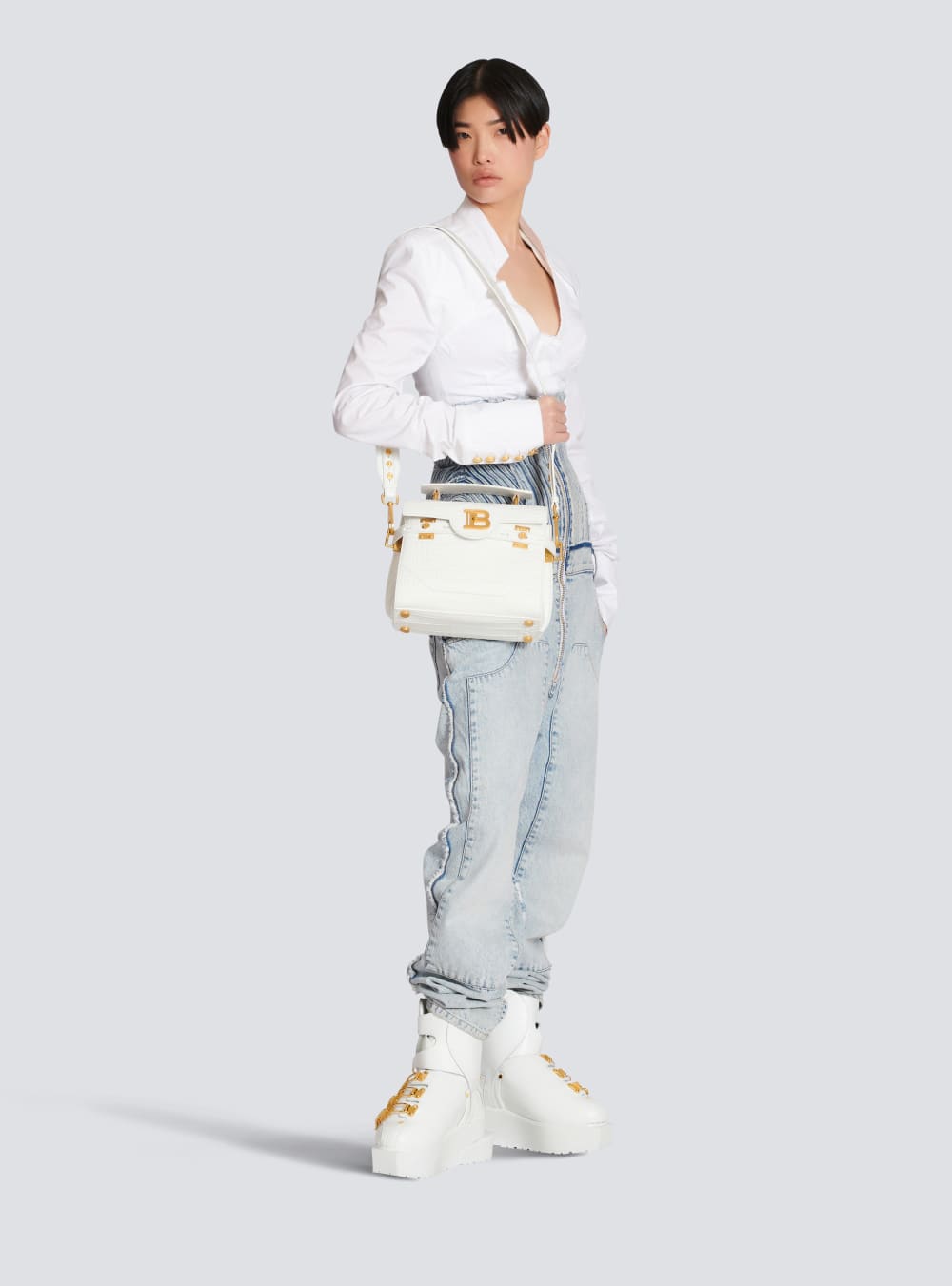 Women's Balmain B-Buzz 23 In Crocodile Effect-embossed Leather Handbag White | USA gm4boLJN