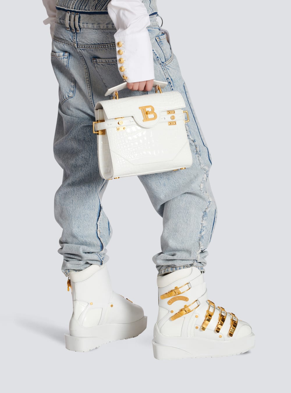 Women's Balmain B-Buzz 23 In Crocodile Effect-embossed Leather Handbag White | USA gm4boLJN