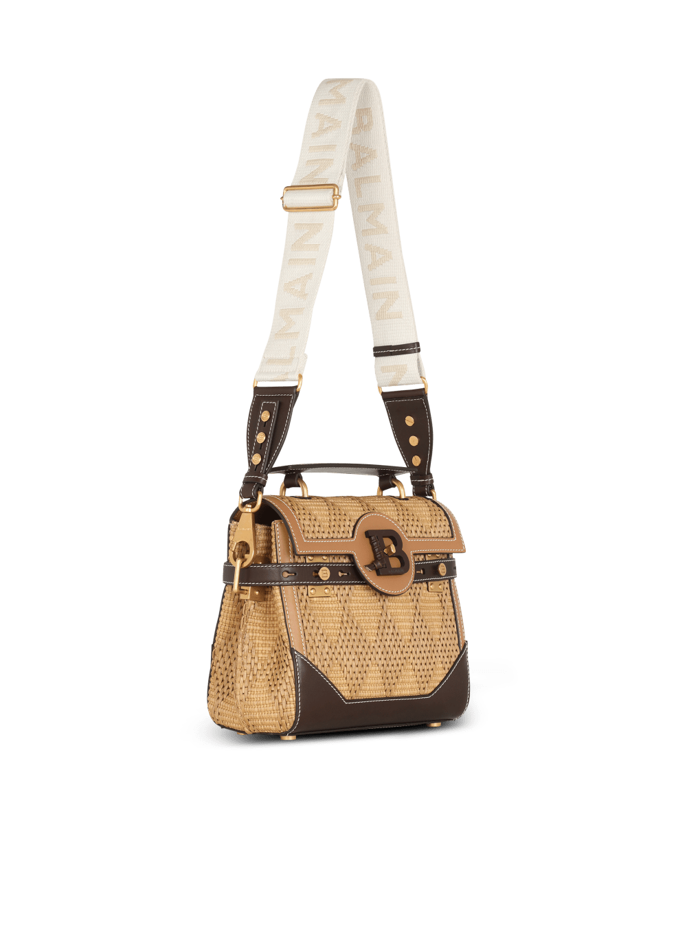 Women's Balmain B-Buzz 23 Leather And Raffia Crossbody Bags Brown | USA 2QAlH5mt