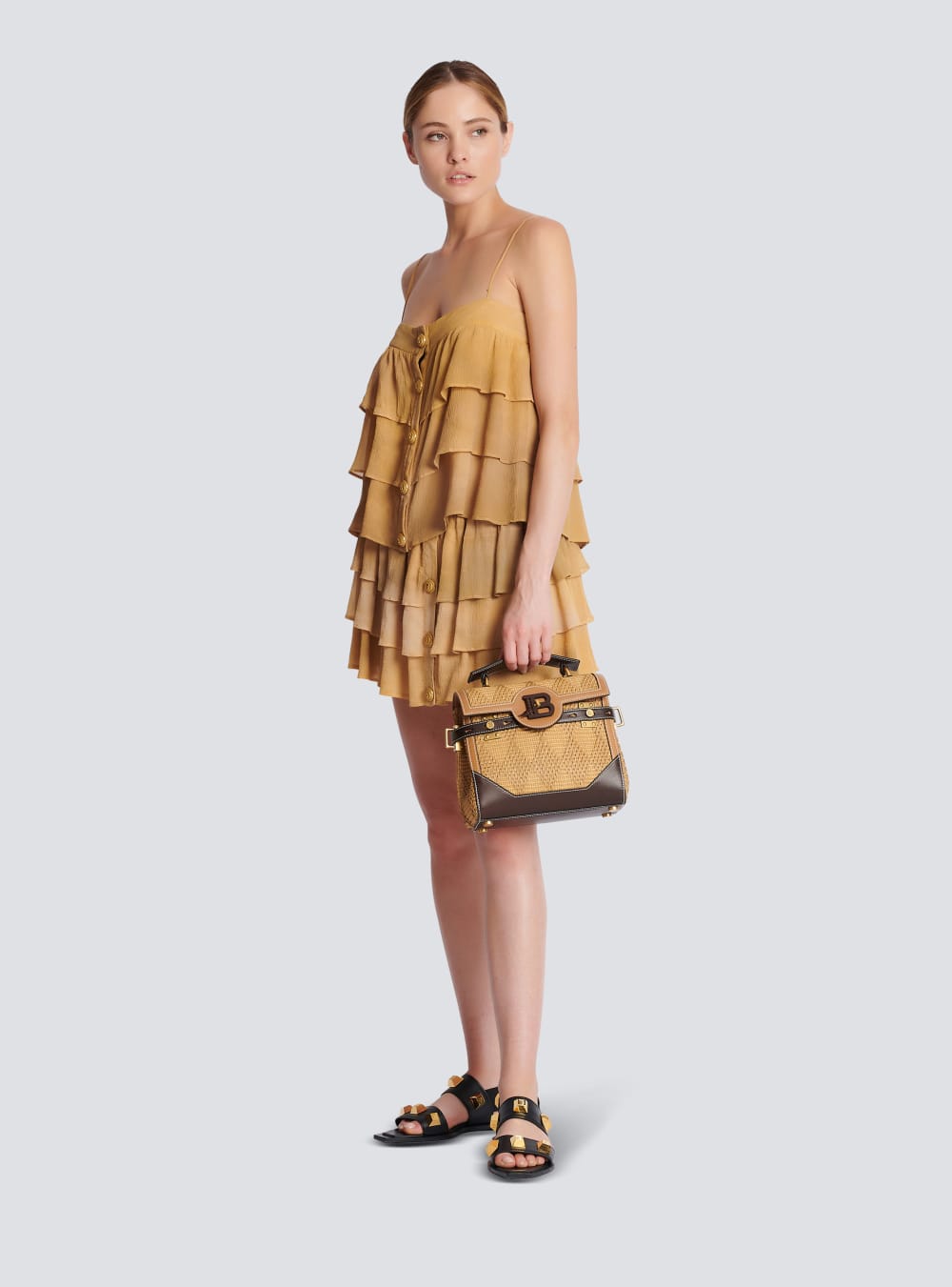 Women's Balmain B-Buzz 23 Leather And Raffia Crossbody Bags Brown | USA 2QAlH5mt