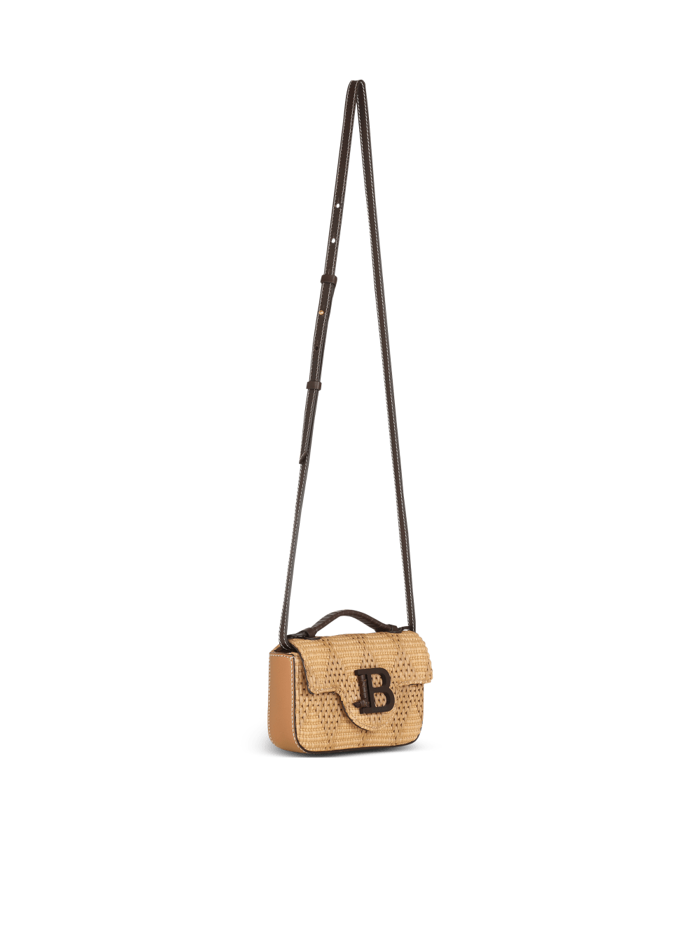 Women's Balmain B-Buzz Mini In Leather And Raffia Handbag Brown | USA l9W4uNjC