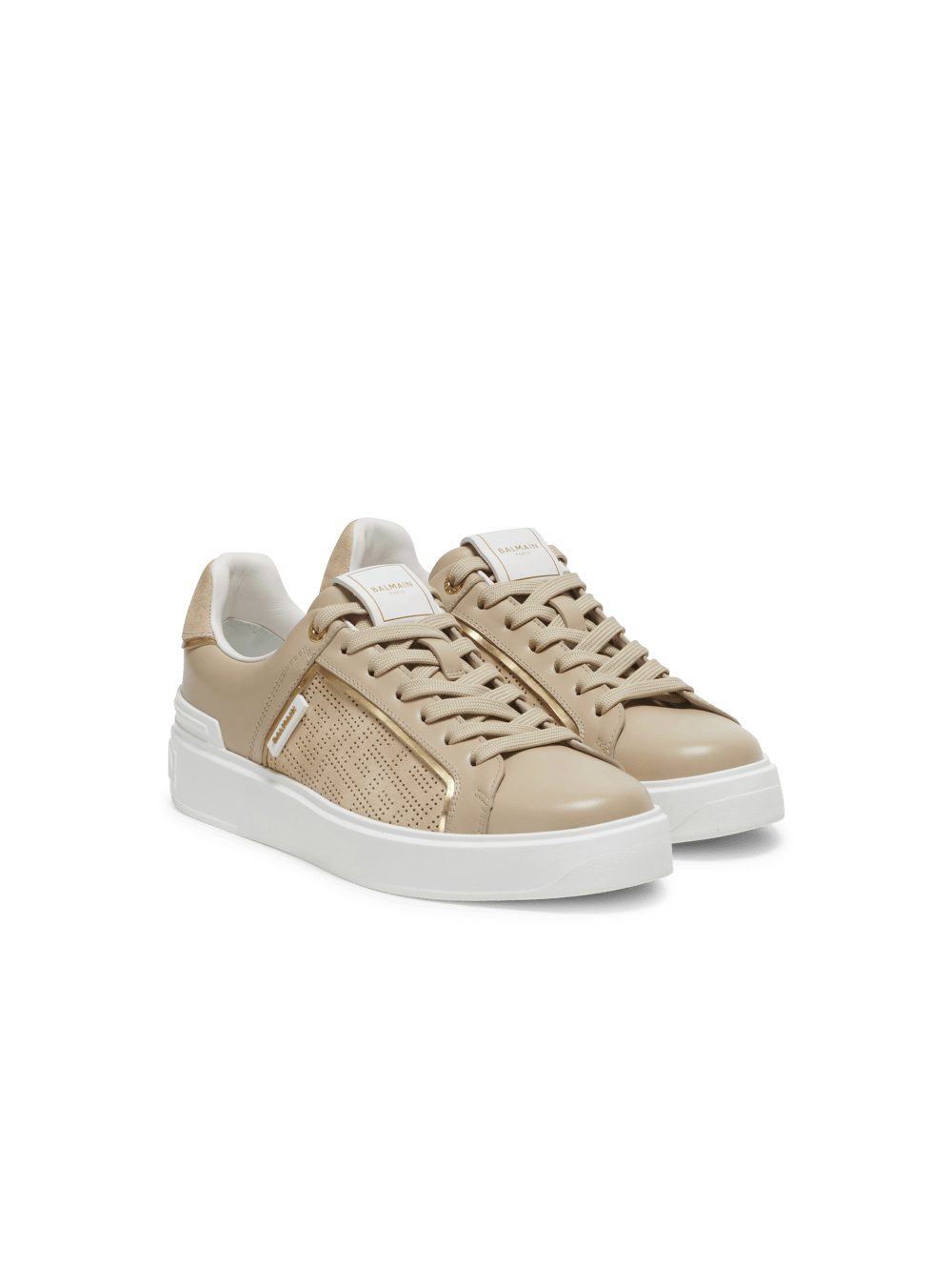 Women's Balmain B-Court In Perforated Monogrammed Leather Sneakers Beige | USA NnmKSvm5