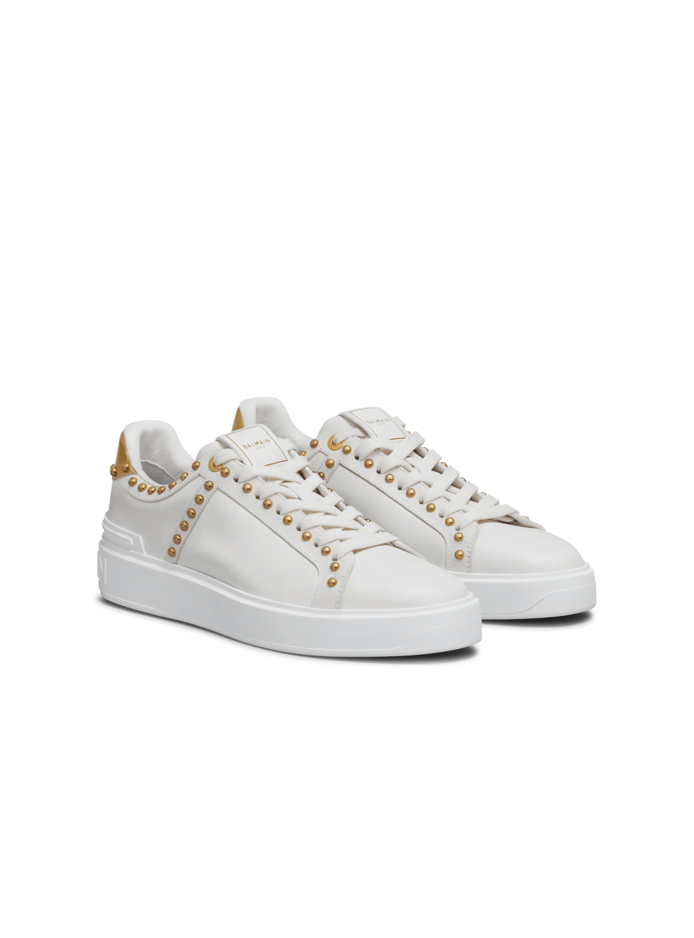 Women's Balmain B-Court Studded Leather Sneakers White | USA aPjh9EDP