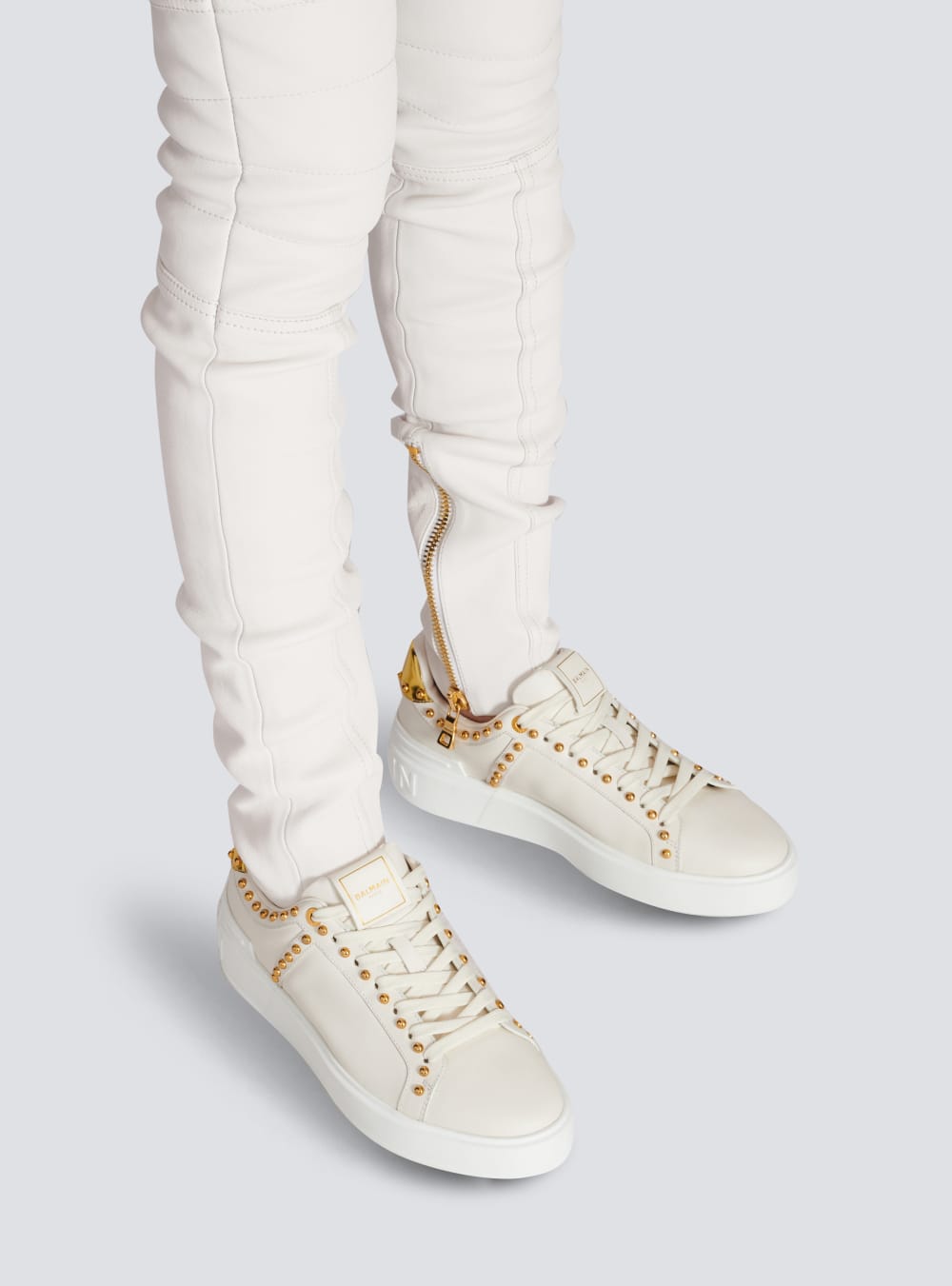 Women's Balmain B-Court Studded Leather Sneakers White | USA aPjh9EDP