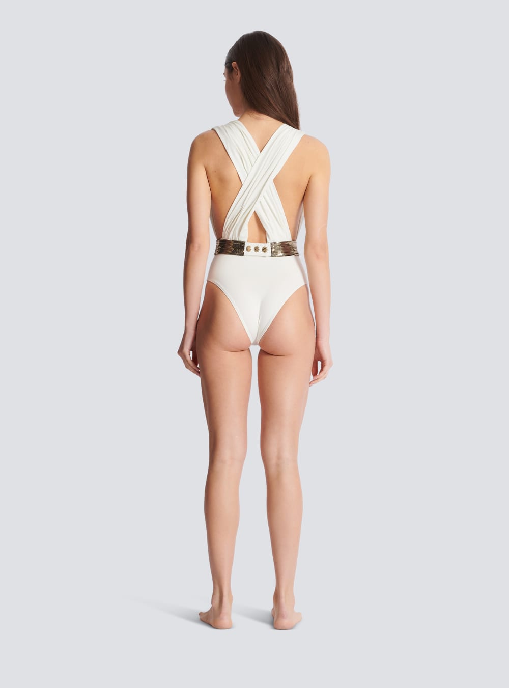 Women's Balmain Belt Swimsuits White | USA wFfQ8XN1