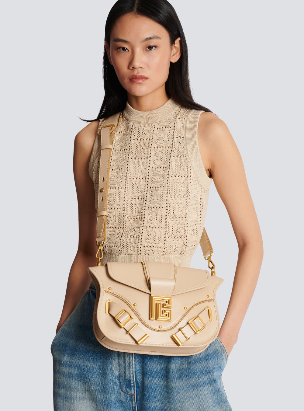 Women's Balmain Blaze Smooth Leather Crossbody Bags Beige | USA QuIqNQFp