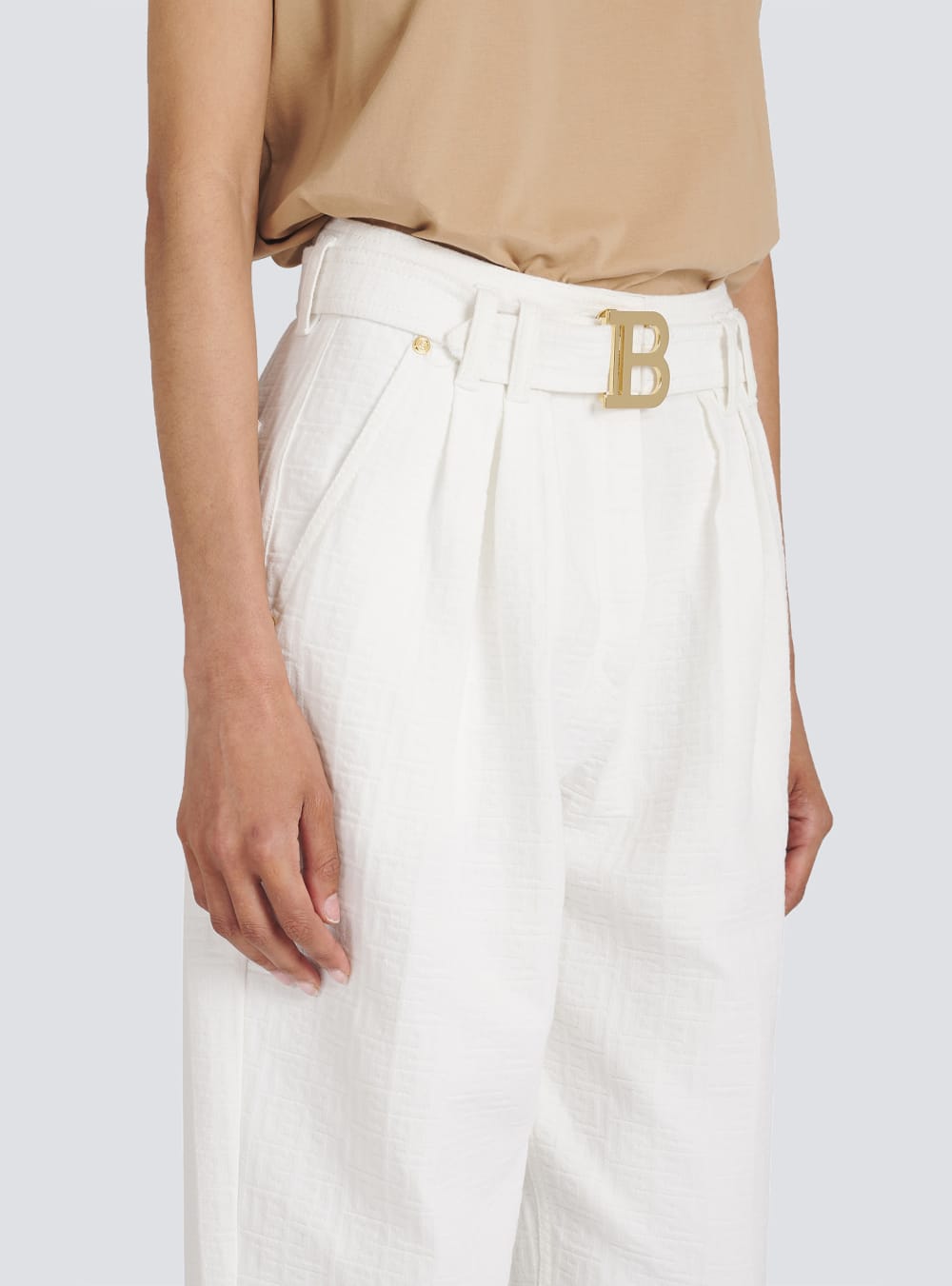 Women's Balmain Boyfriend Cut With Buckle Monogram Print Jeans White | USA xHuUGAjP