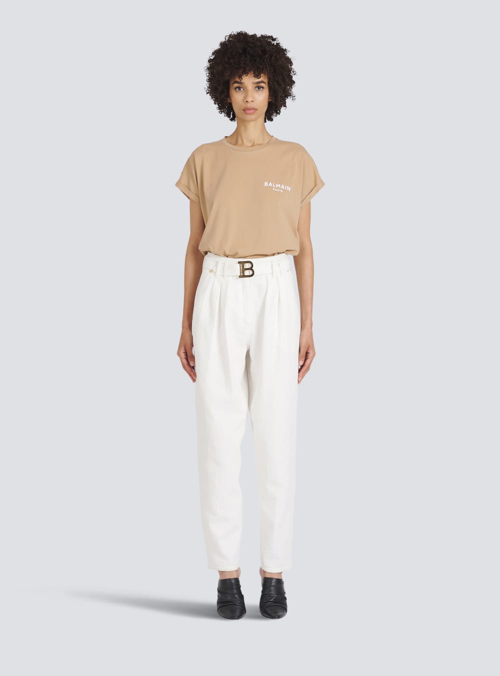 Women's Balmain Boyfriend Cut With Buckle Monogram Print Jeans White | USA xHuUGAjP