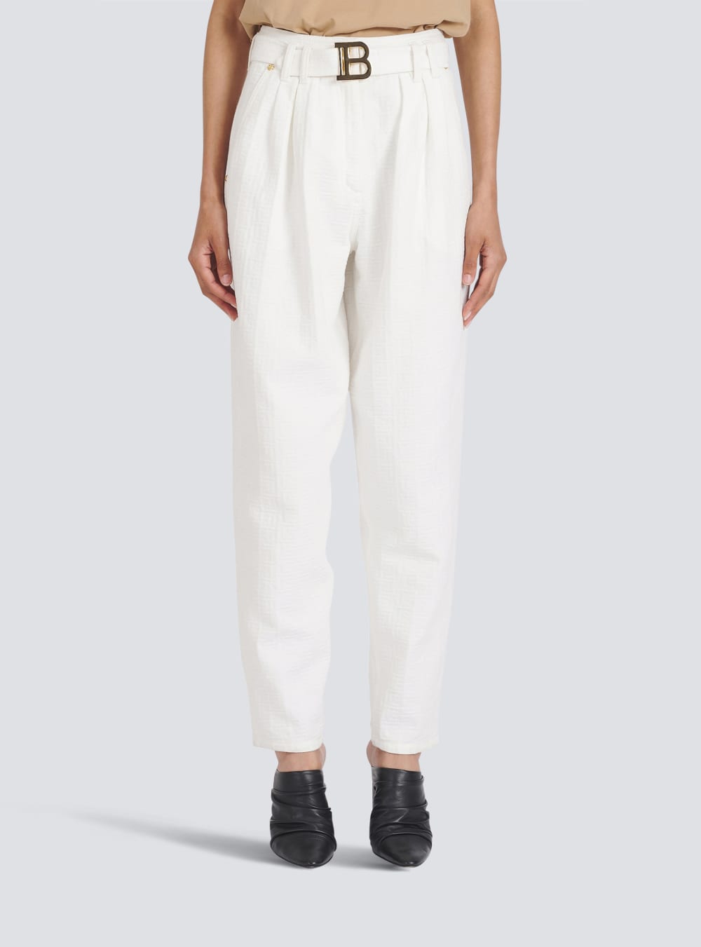 Women's Balmain Boyfriend Cut With Buckle Monogram Print Jeans White | USA xHuUGAjP