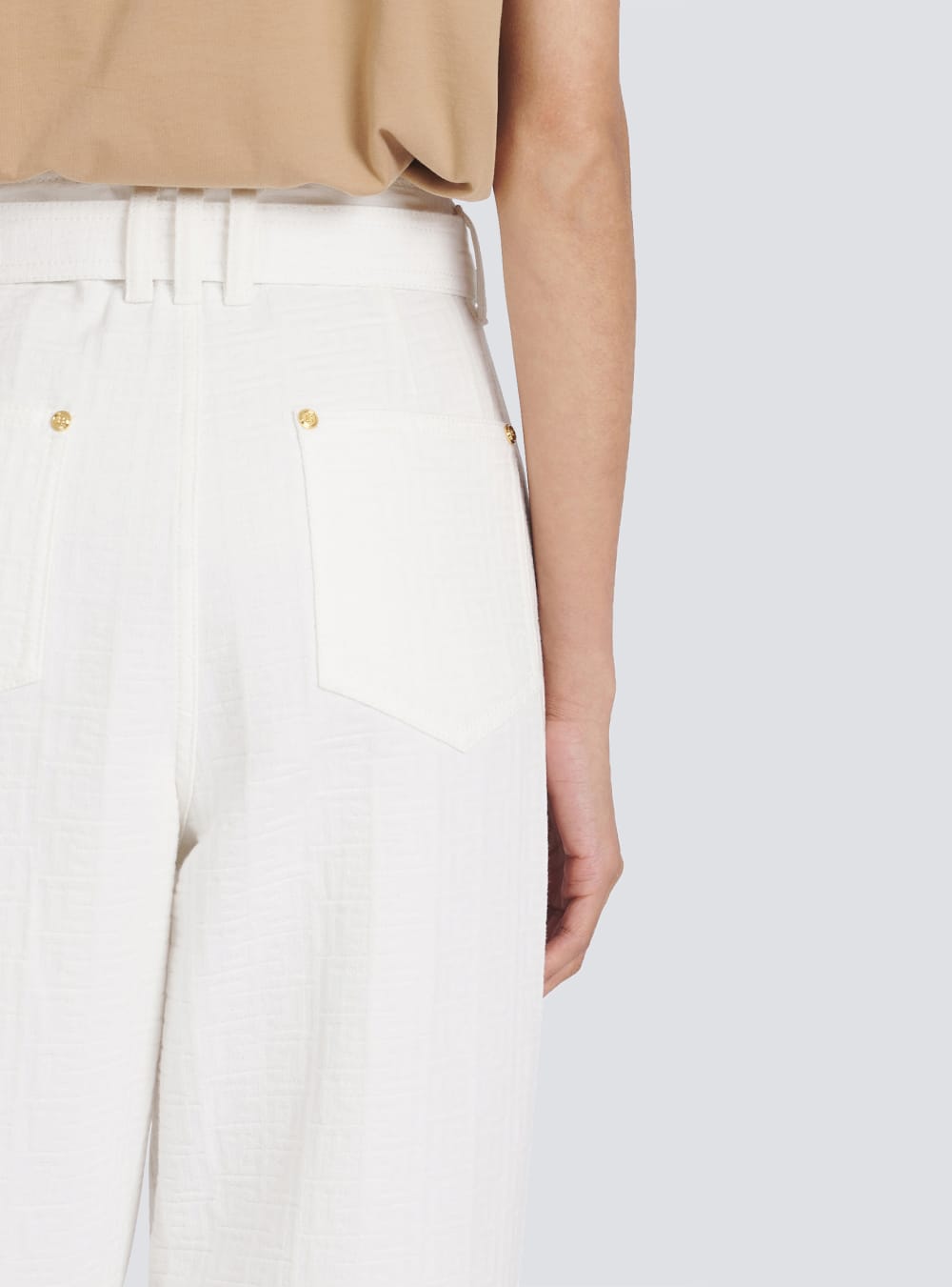 Women's Balmain Boyfriend Cut With Buckle Monogram Print Jeans White | USA xHuUGAjP