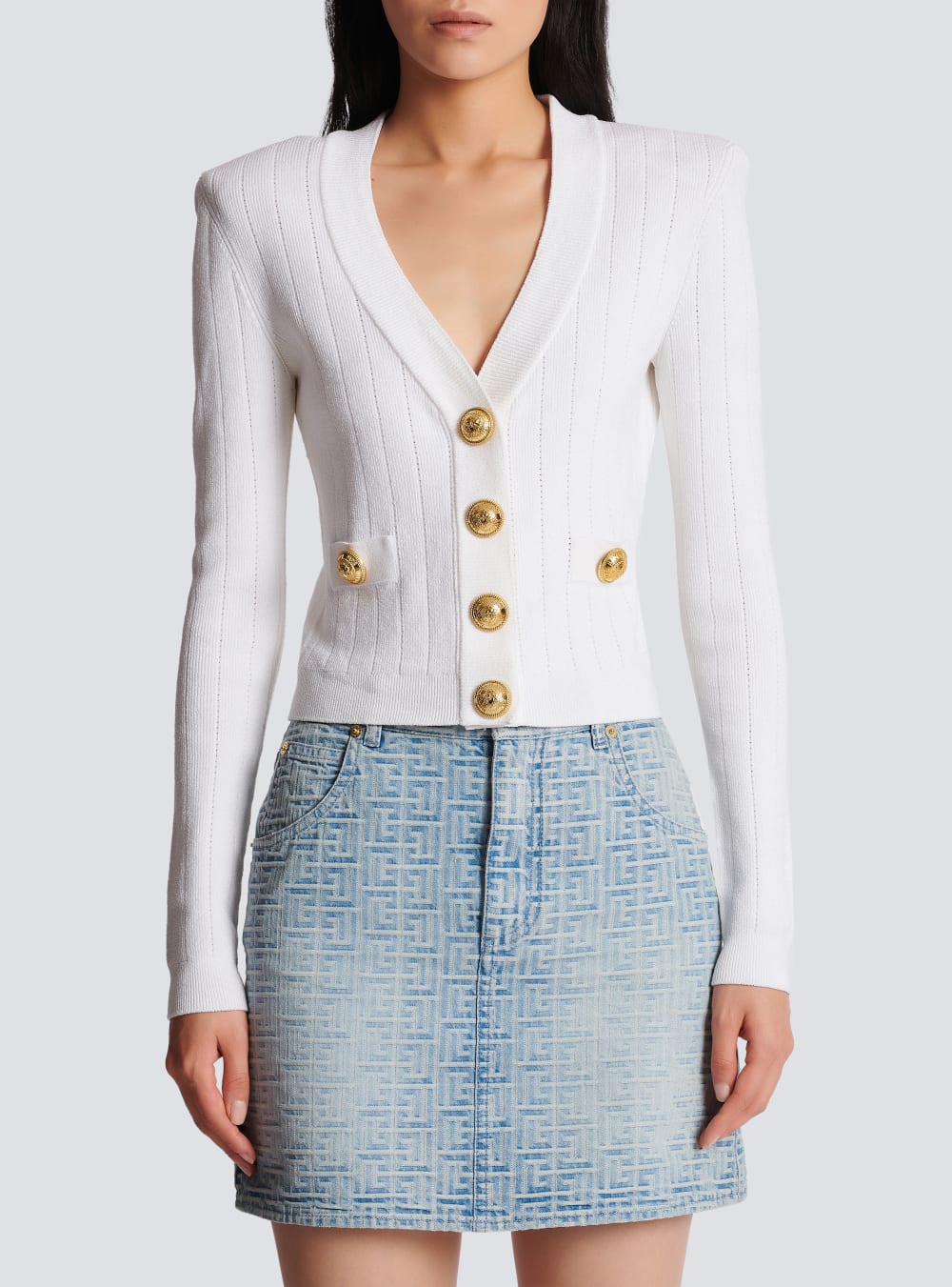 Women's Balmain Buttoned Cropped Knitted Cardigan White | USA cX0lOUPz