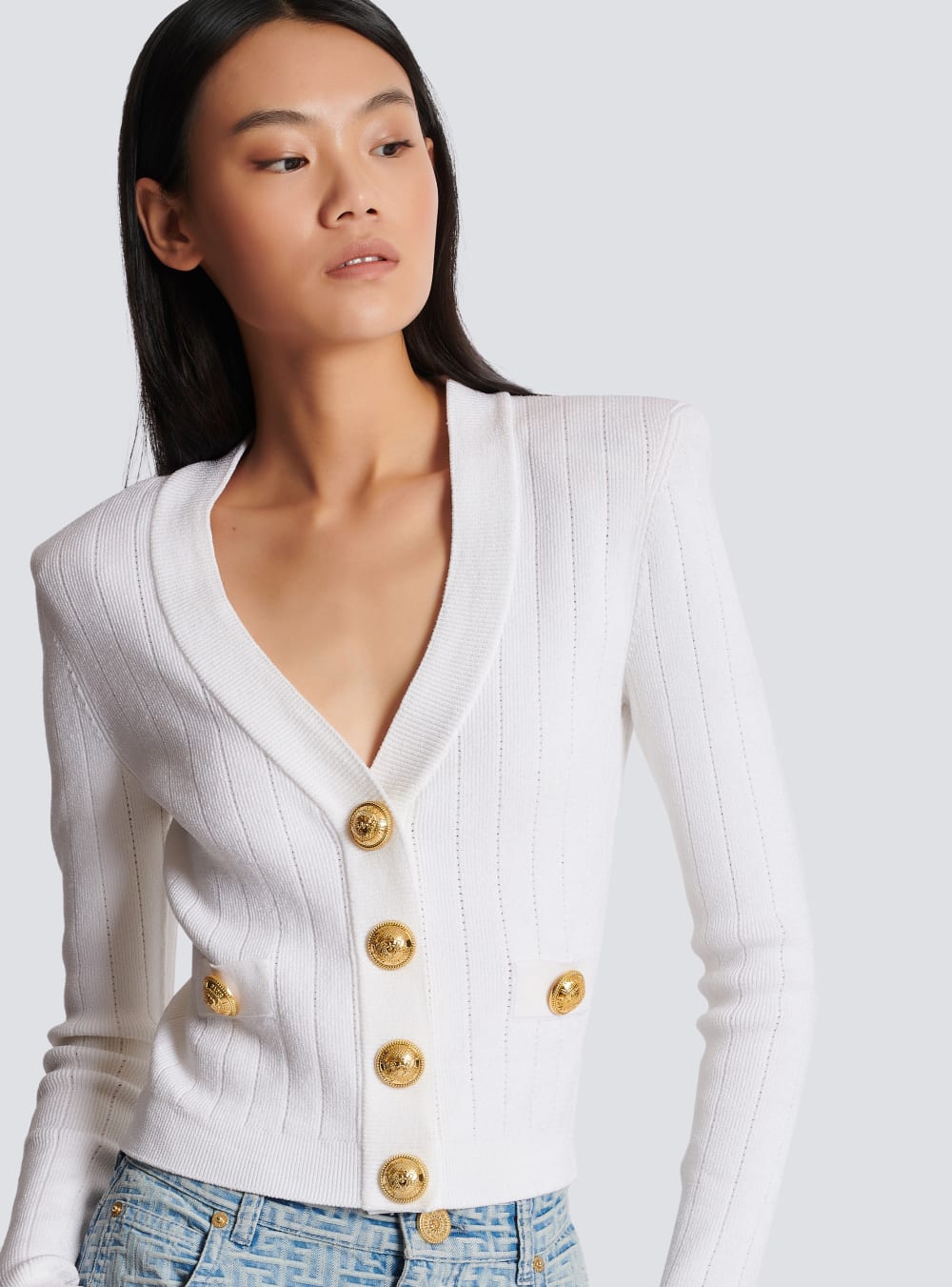 Women's Balmain Buttoned Cropped Knitted Cardigan White | USA cX0lOUPz