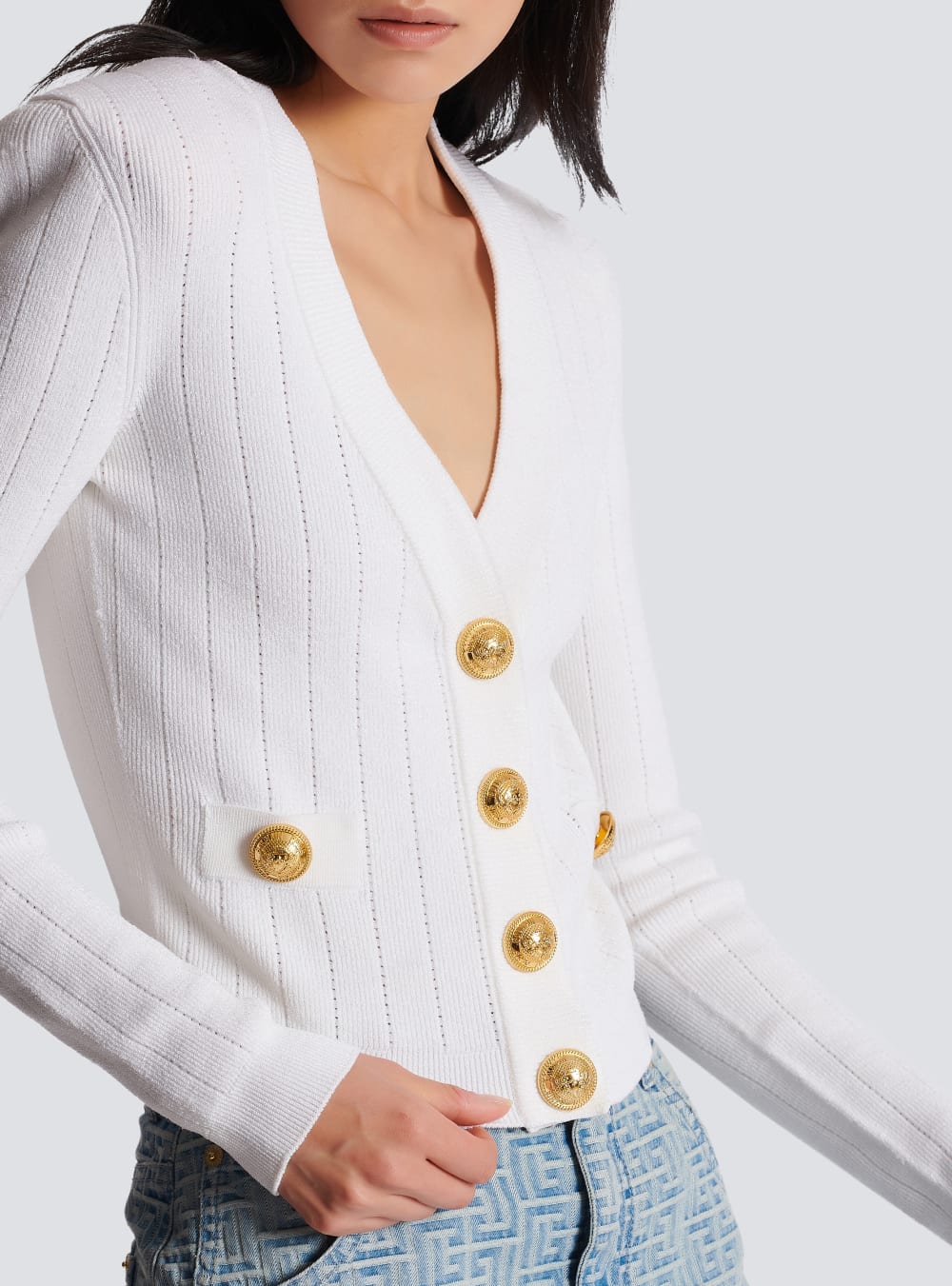 Women's Balmain Buttoned Cropped Knitted Cardigan White | USA cX0lOUPz