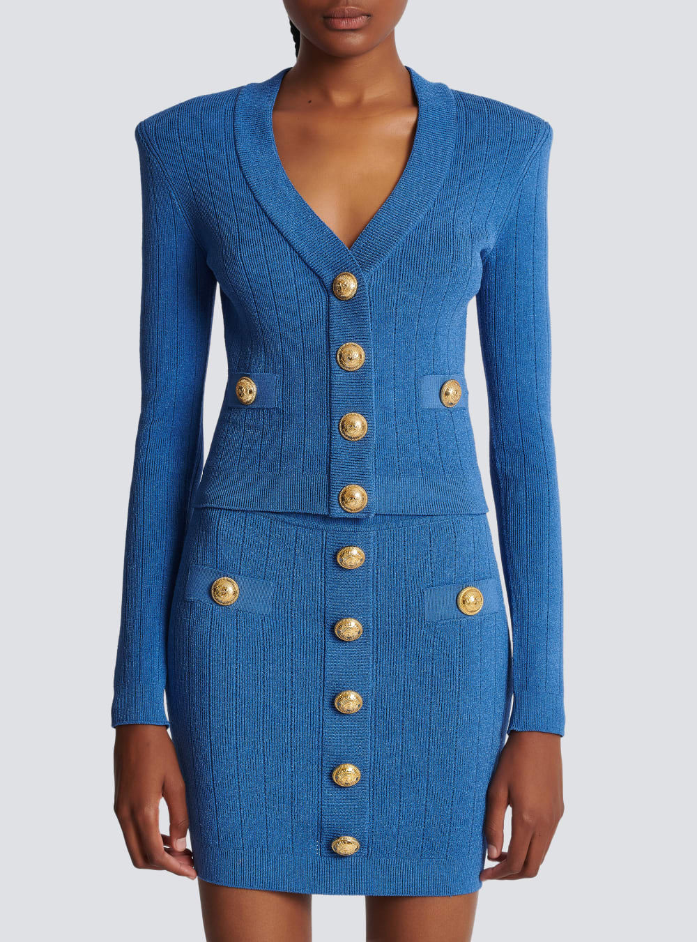 Women's Balmain Buttoned Cropped Knitted Cardigan Blue | USA i534F50A