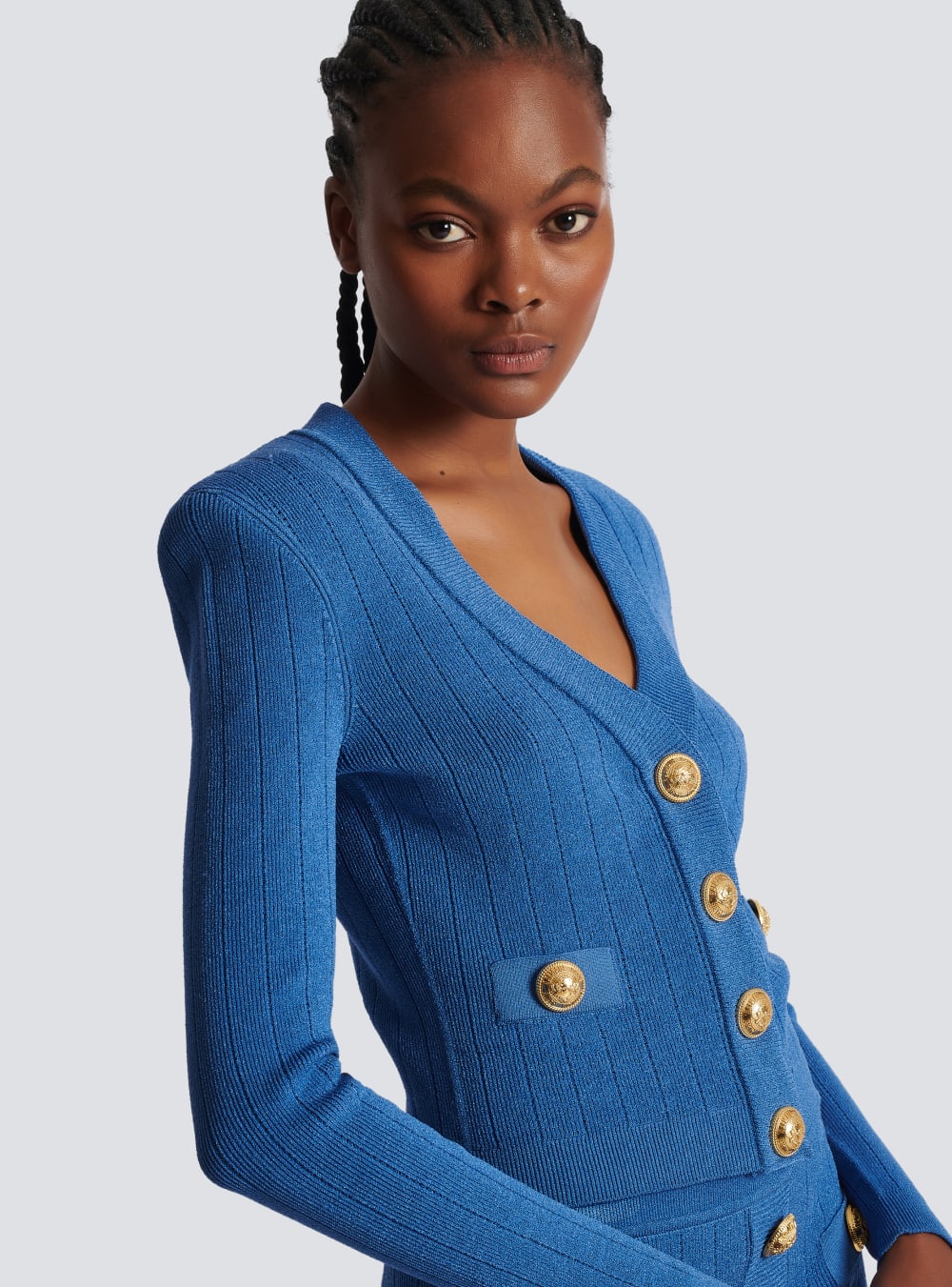 Women's Balmain Buttoned Cropped Knitted Cardigan Blue | USA i534F50A