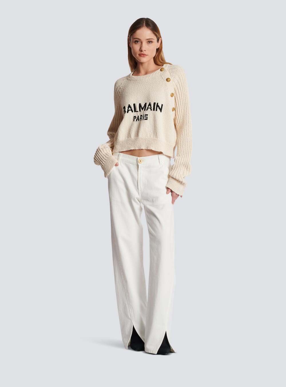 Women's Balmain Buttoned Jacquard With Logo Jumpers Beige | USA ARFS8kgT