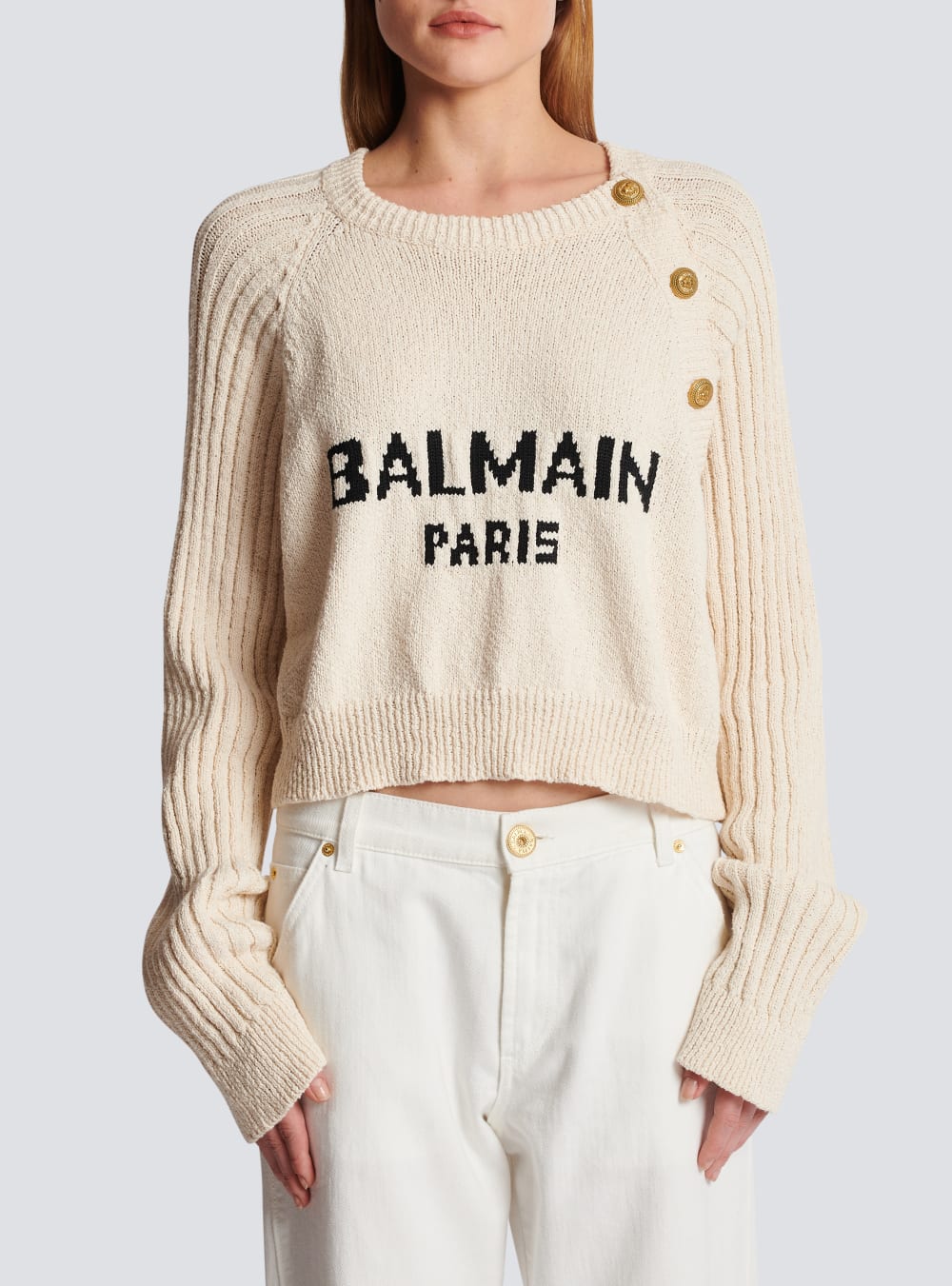 Women's Balmain Buttoned Jacquard With Logo Jumpers Beige | USA ARFS8kgT