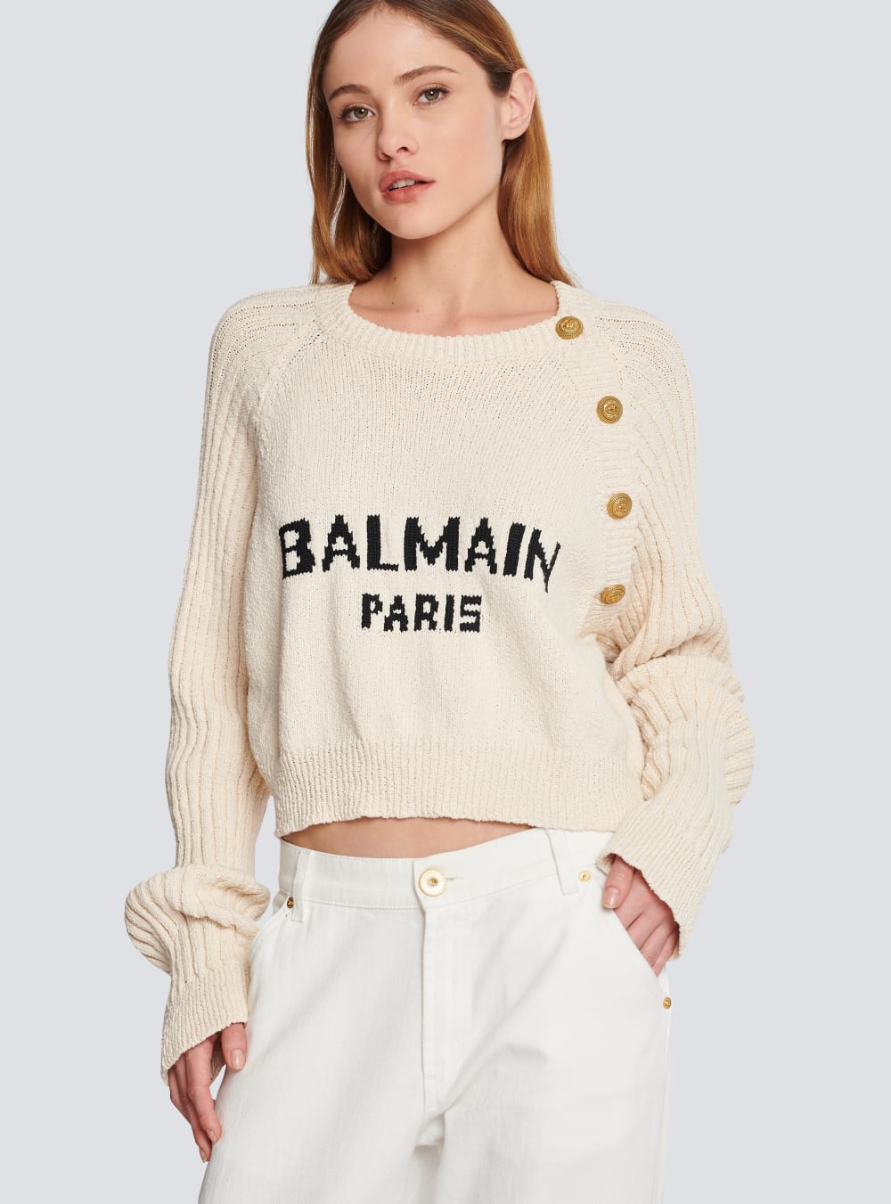 Women's Balmain Buttoned Jacquard With Logo Jumpers Beige | USA ARFS8kgT