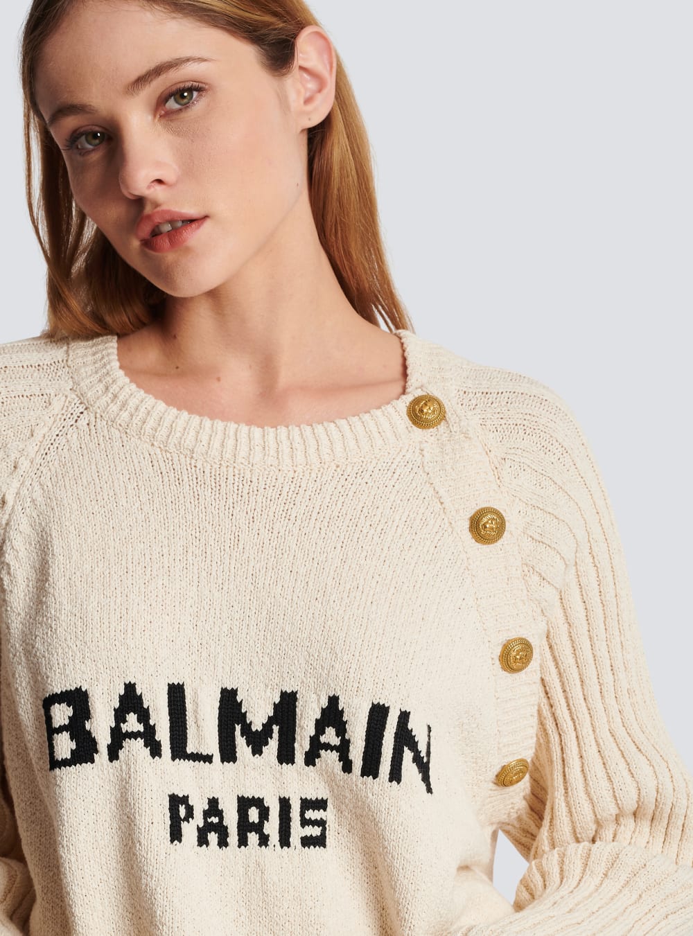 Women's Balmain Buttoned Jacquard With Logo Jumpers Beige | USA ARFS8kgT