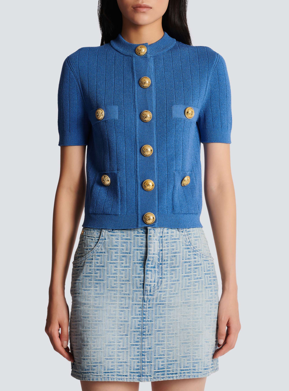 Women's Balmain Buttoned Knitted Cardigan Blue | USA 2E2HSZFk