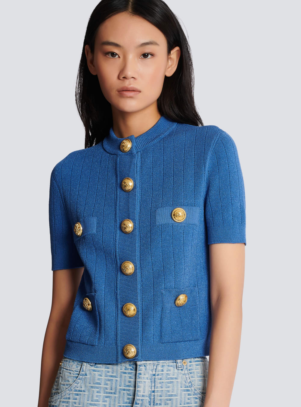 Women's Balmain Buttoned Knitted Cardigan Blue | USA 2E2HSZFk