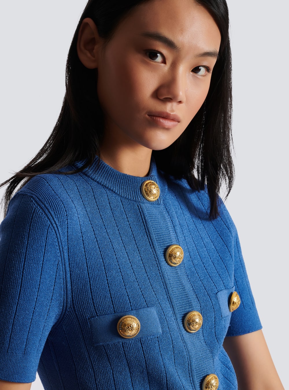 Women's Balmain Buttoned Knitted Cardigan Blue | USA 2E2HSZFk