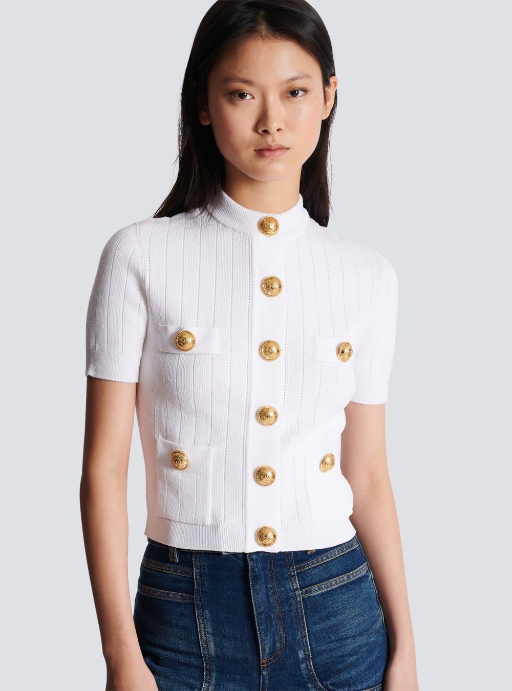 Women's Balmain Buttoned Knitted Cardigan White | USA t2Bkr9ix