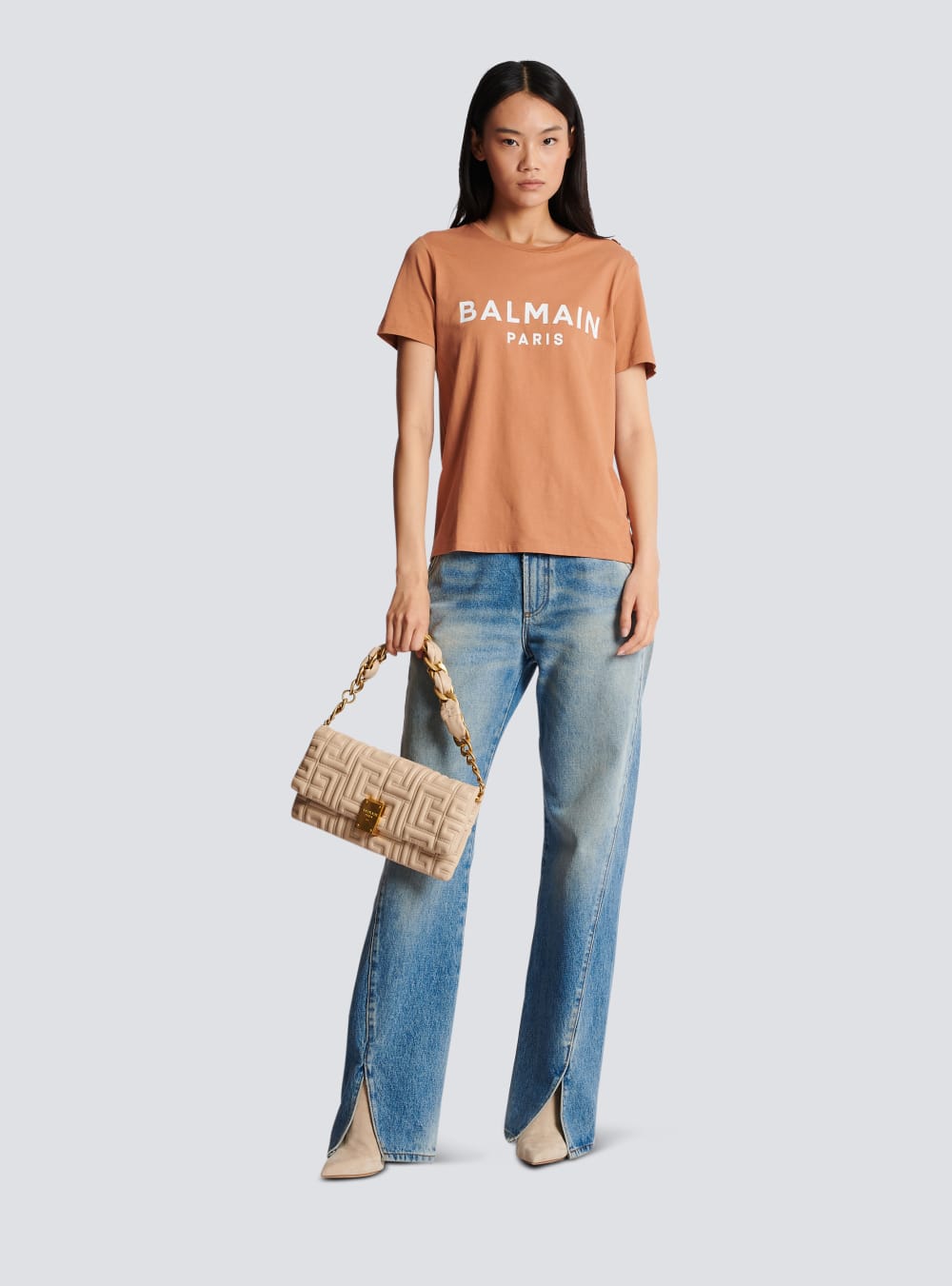 Women's Balmain Buttoned Printed Logo T Shirts Brown | USA z08abY3v