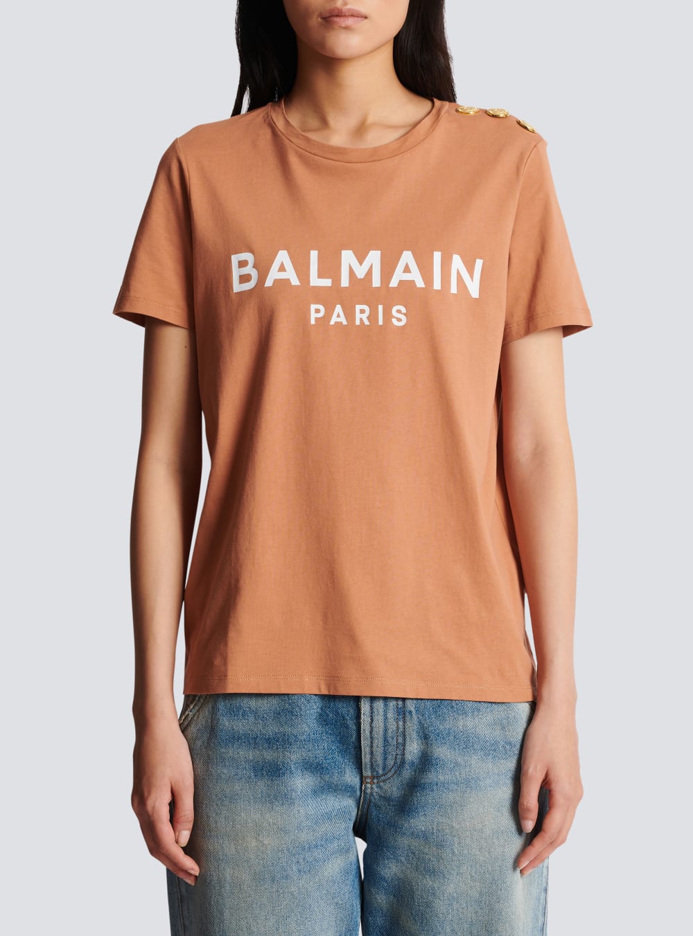 Women's Balmain Buttoned Printed Logo T Shirts Brown | USA z08abY3v