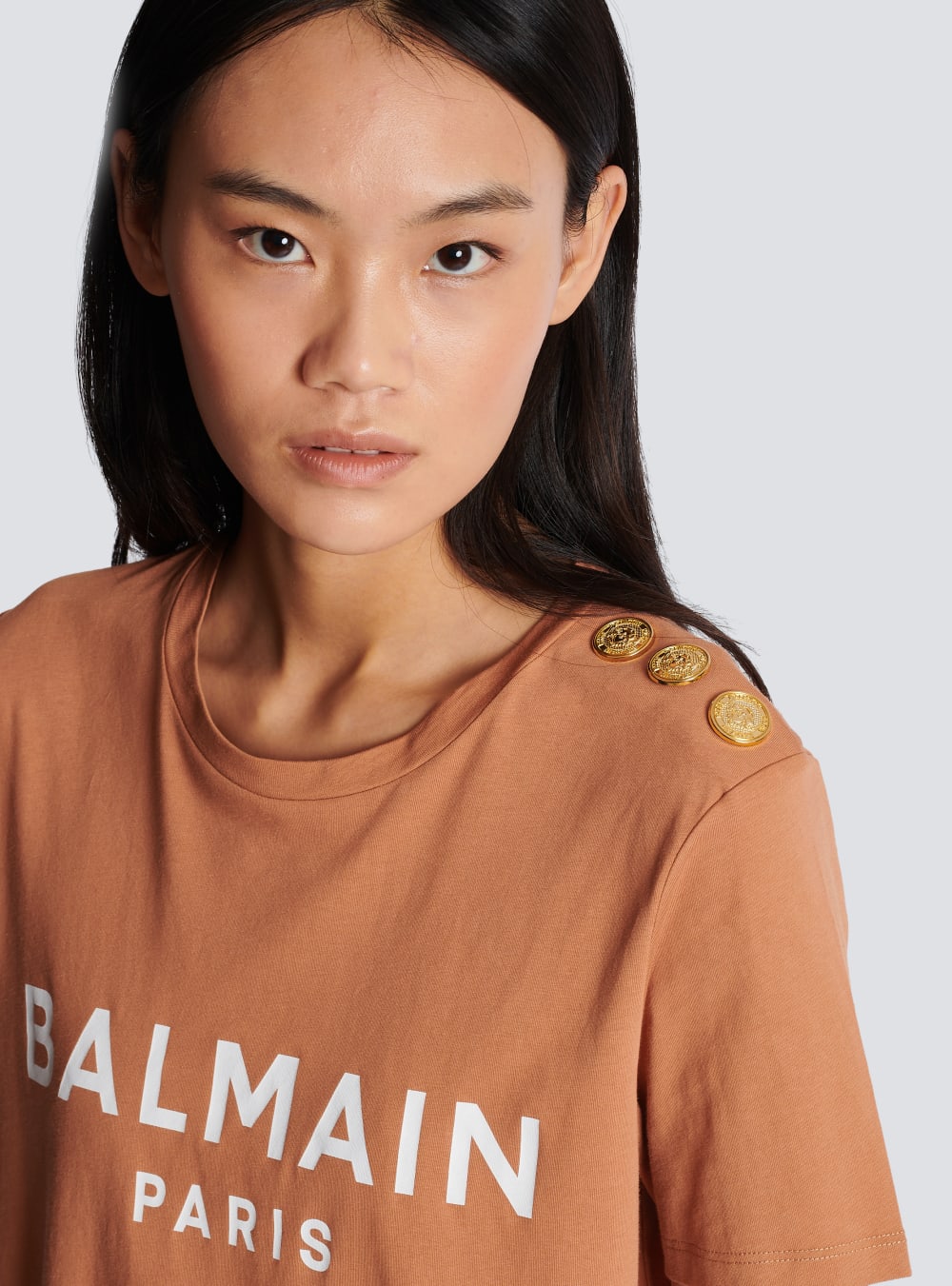 Women's Balmain Buttoned Printed Logo T Shirts Brown | USA z08abY3v