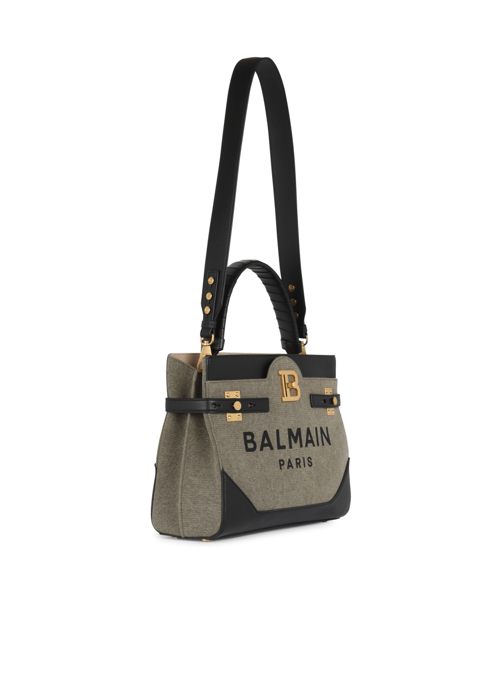 Women's Balmain Canvas B-Buzz Leather Panel Handbag Khaki | USA 8Igr3lVE