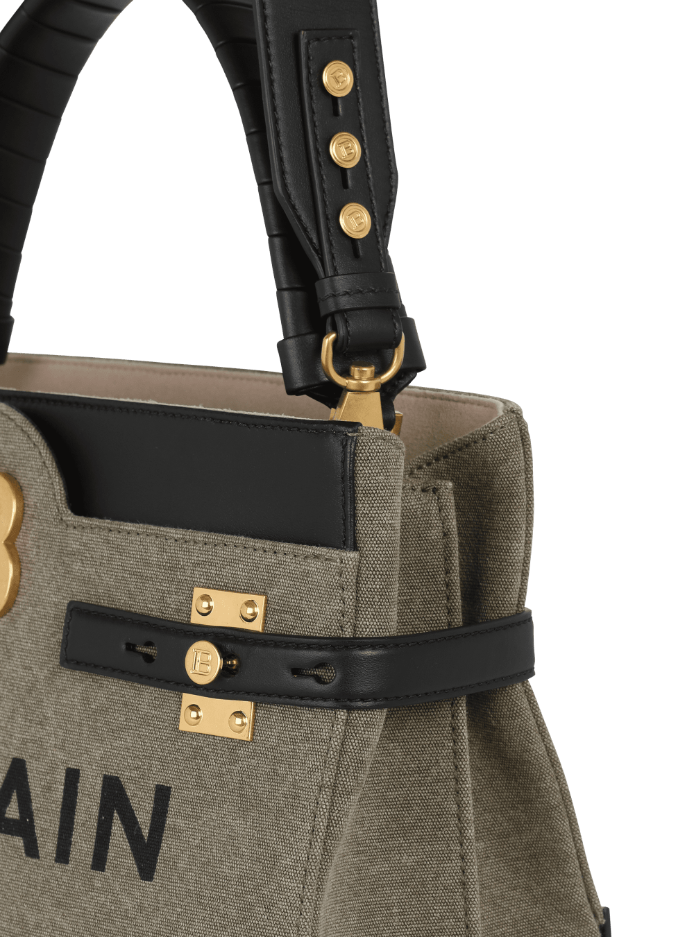 Women's Balmain Canvas B-Buzz Leather Panel Handbag Khaki | USA 8Igr3lVE