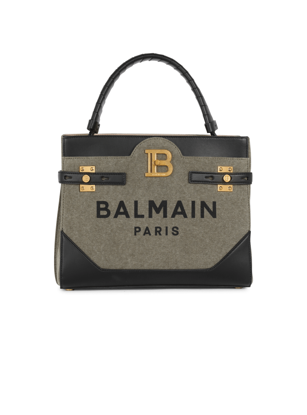 Women\'s Balmain Canvas B-Buzz Leather Panel Handbag Khaki | USA 8Igr3lVE