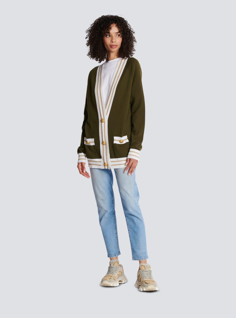 Women's Balmain Cashmere With Logo Cardigan Khaki | USA cmj5LcCA