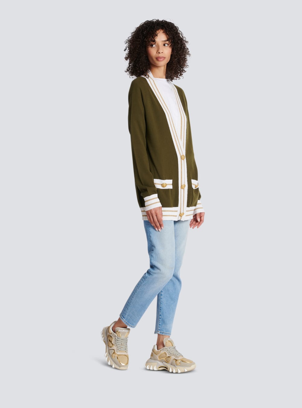 Women's Balmain Cashmere With Logo Cardigan Khaki | USA cmj5LcCA