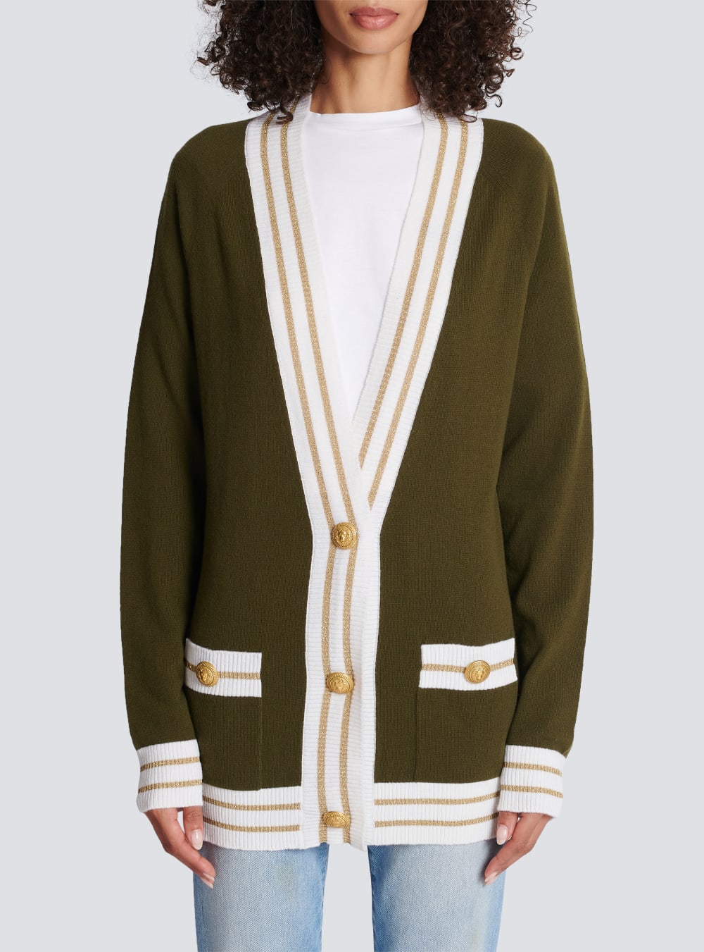 Women's Balmain Cashmere With Logo Cardigan Khaki | USA cmj5LcCA