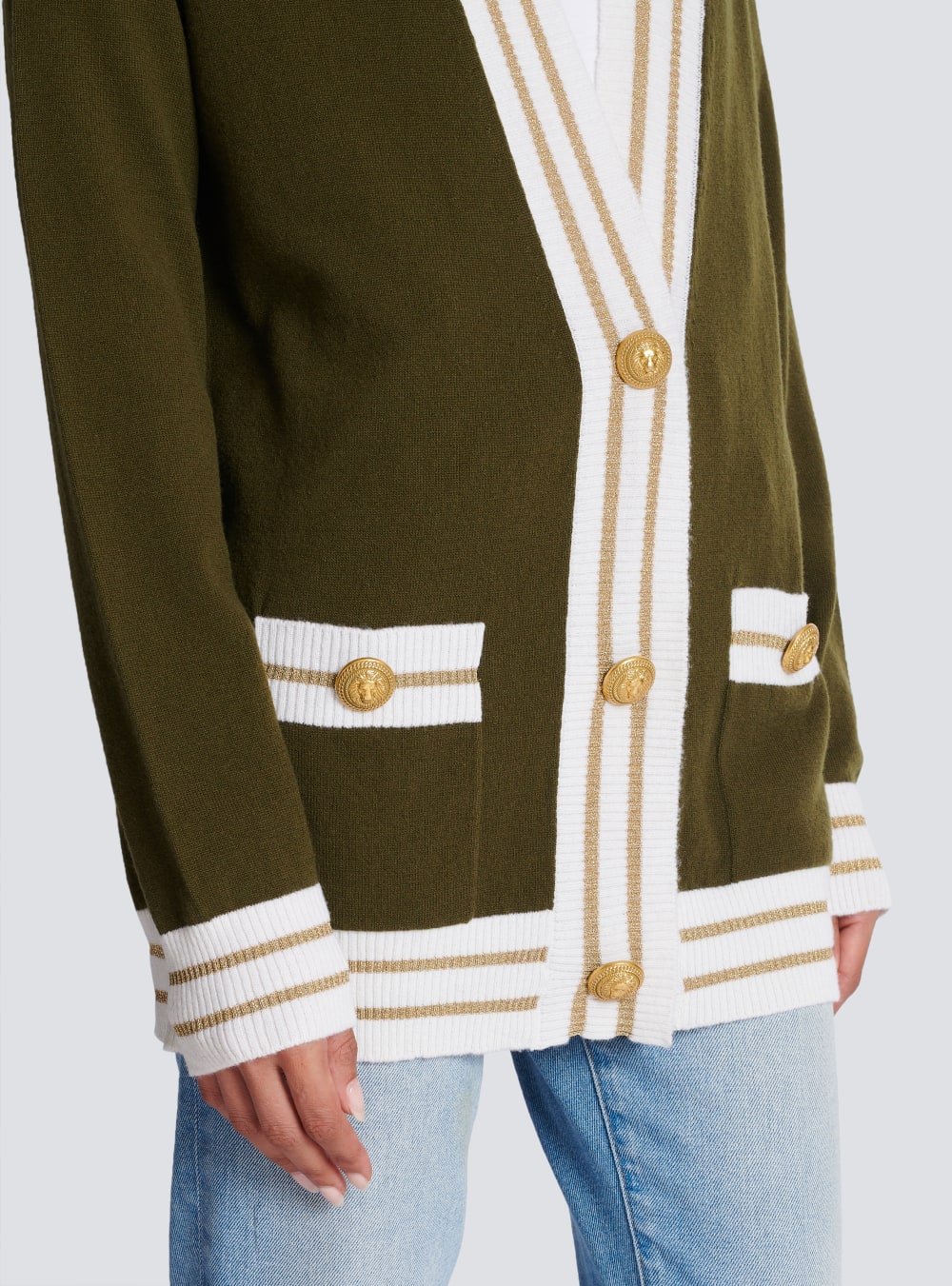 Women's Balmain Cashmere With Logo Cardigan Khaki | USA cmj5LcCA